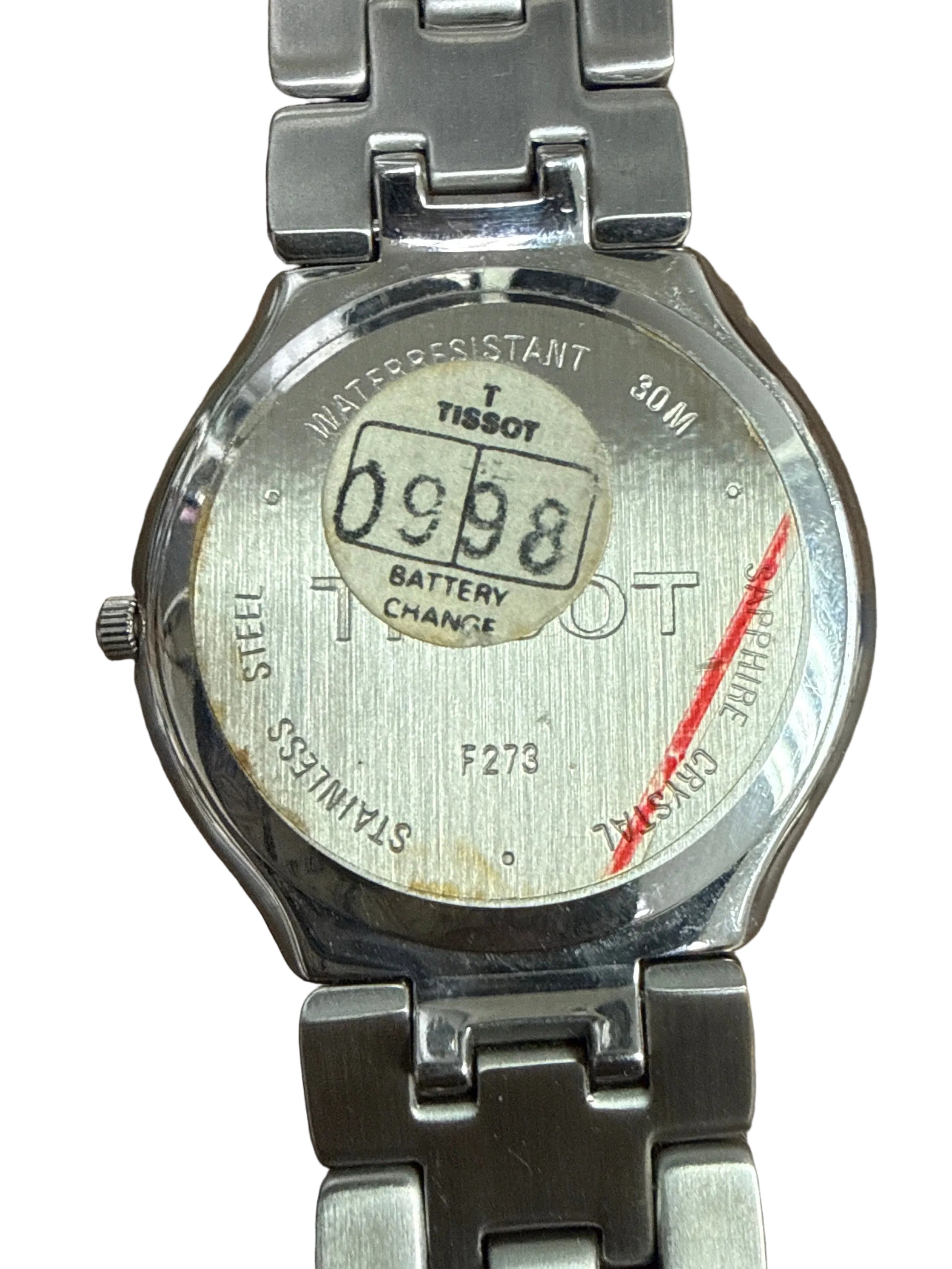 [極致6mm超薄白瓷面] 1990s Vintage Tissot 瑞士石英正裝錶｜純白瓷感羅馬字盤・軌道刻度・6點位對稱日曆・立體拋光噴砂原裝鋼帶 (Full Links 全齊格)