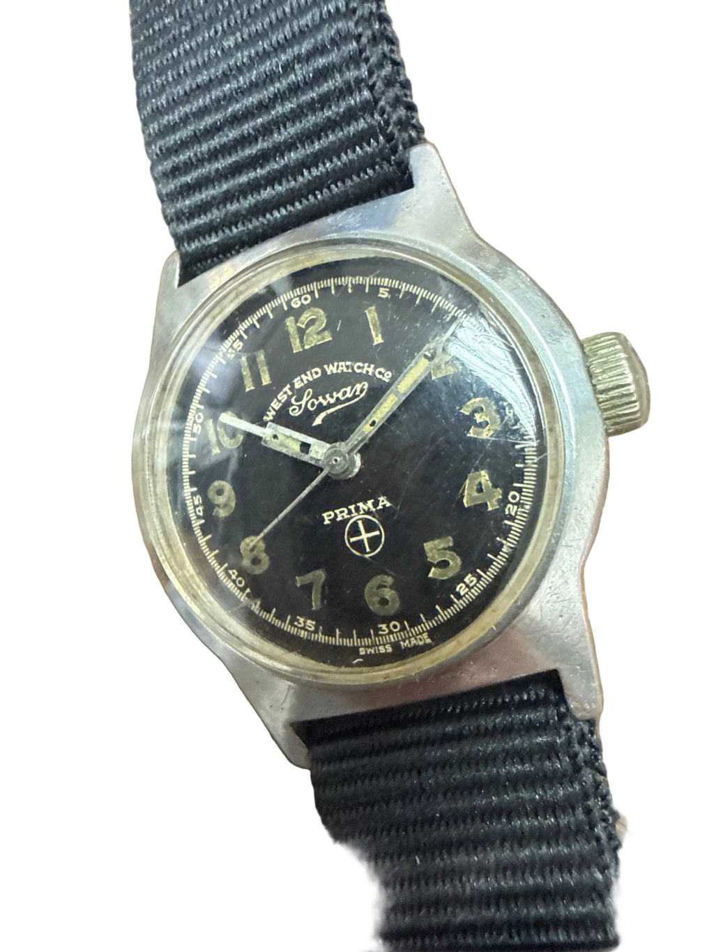 [二戰操兵字軍錶] 1940s Vintage West End Watch Co. 西點 Sowar Prima｜瑞士 FHF 68 手動名機・黑面夜光數字・軌道分鐘圈・經典 28mm Boy Size・黑色 NATO 帶