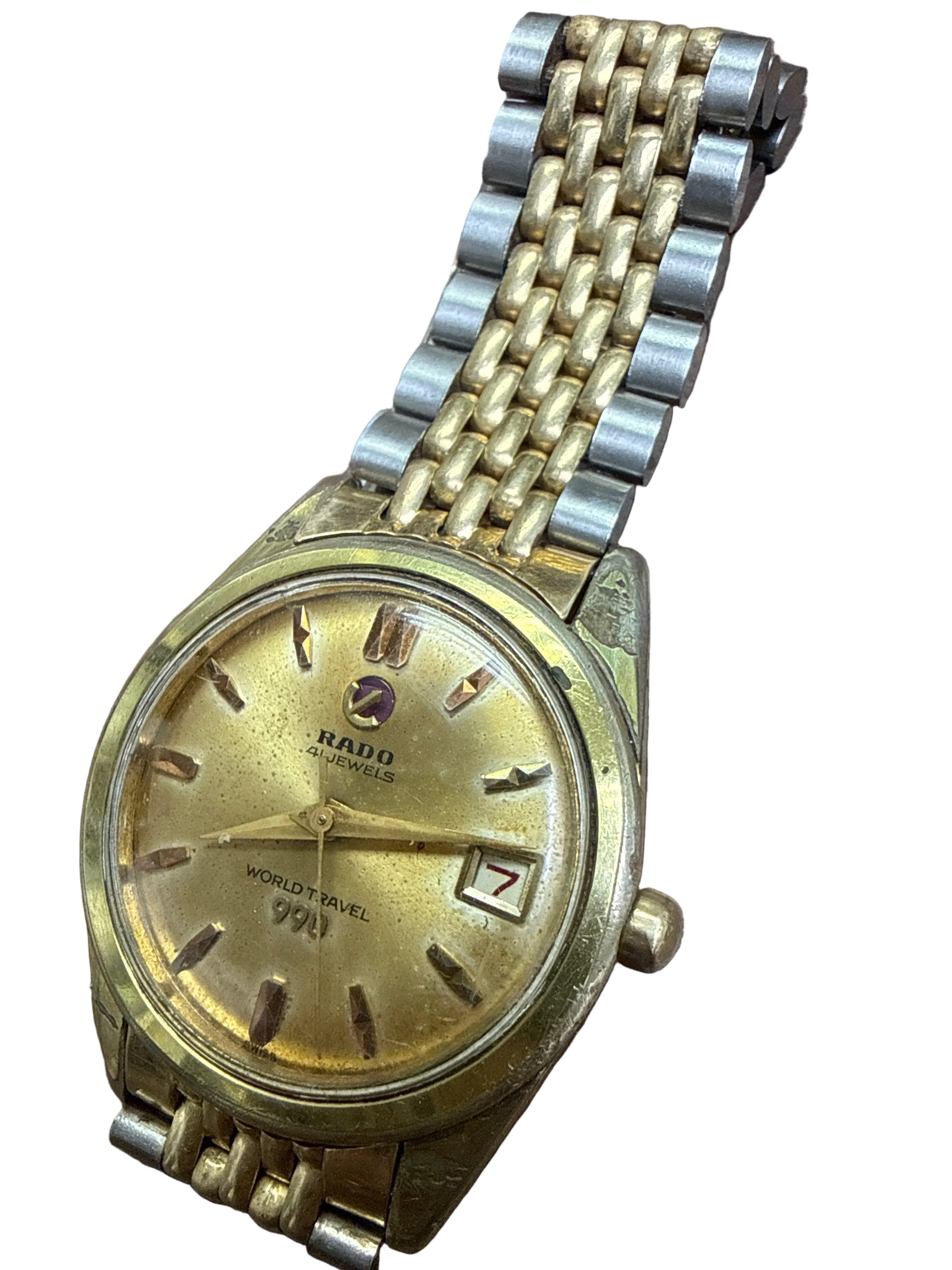 [極罕原裝金鋼米珠帶] 1960s Vintage RADO 雷達 World Travel 990｜瑞士 AS 1700/01 41石旗艦名機・旋轉紫紅錨標・立體梯形日曆・原廠刻字折疊扣