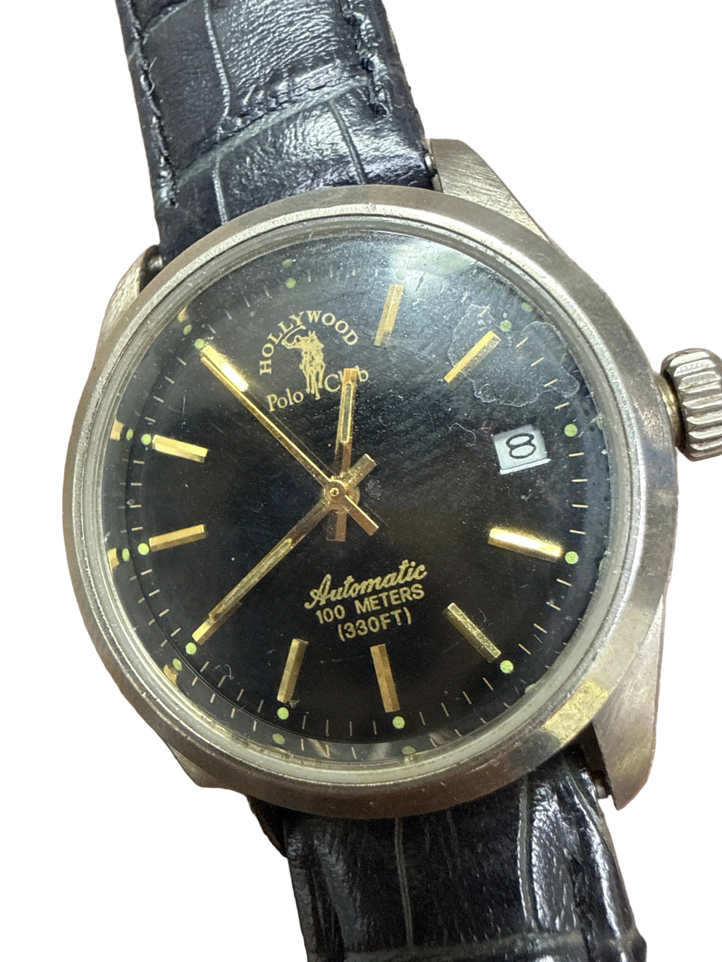 [好萊塢紀念款鎖把] Vintage Polo Club Hollywood 尊貴黑金自動錶 - 17石 21600高頻機芯 (快跳日曆) / 旋入式螺絲鎖霸 / 經典黑金面盤 / 高級鱷魚紋皮帶