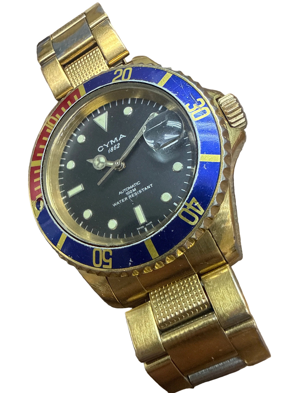 [黃金百事水鬼] 1990s Vintage Cyma 1862 司馬 100M 潛水錶｜瑞士 ETA 2824-2 自動名機 (停秒)・罕見黃金底紅藍百事單向圈・藍寶石鏡面・螺絲鎖霸・原裝包金鋼帶 (17cm)