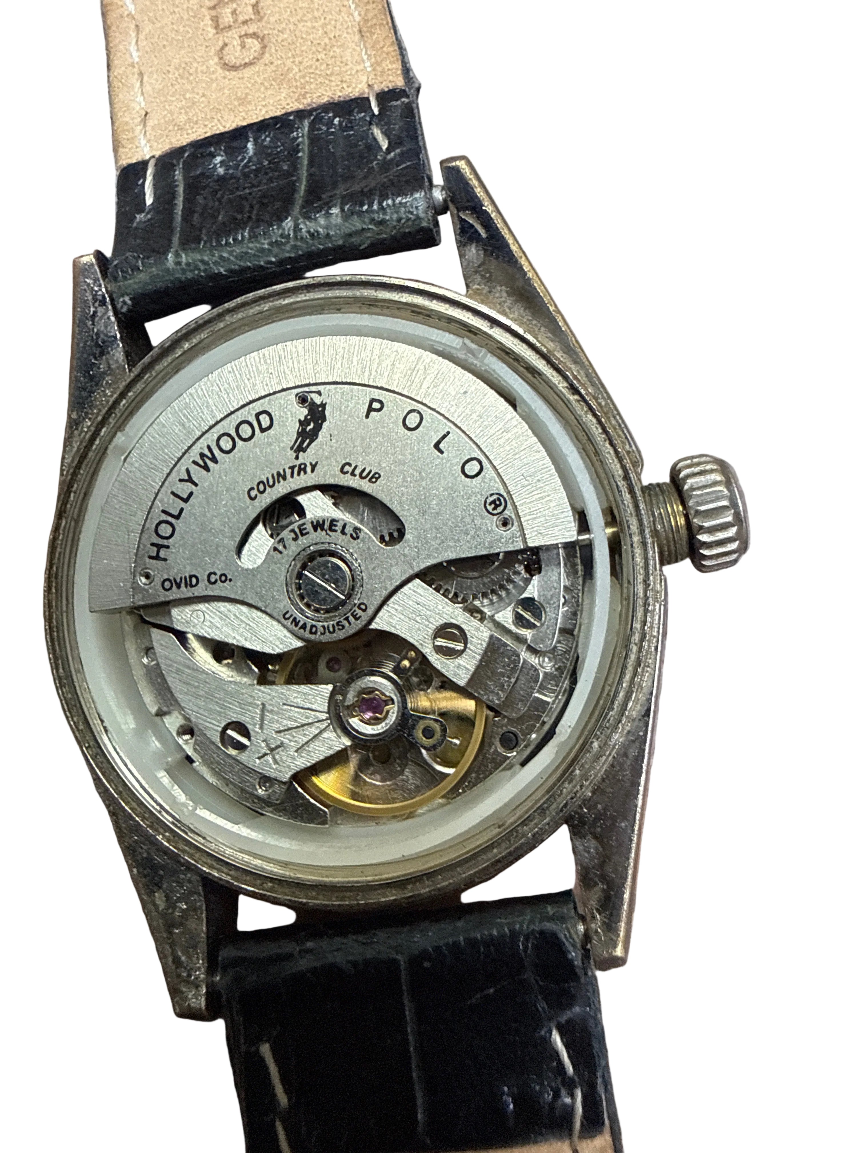 [好萊塢紀念款鎖把] Vintage Polo Club Hollywood 尊貴黑金自動錶 - 17石 21600高頻機芯 (快跳日曆) / 旋入式螺絲鎖霸 / 經典黑金面盤 / 高級鱷魚紋皮帶