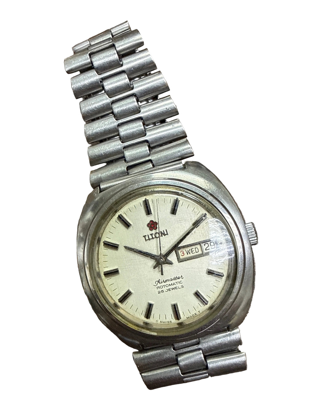 [經典鮑魚殼空霸] 1970s Vintage Titoni Airmaster 梅花空霸雙曆錶｜瑞士 ETA 2836-2 打花名芯 (快跳雙曆)・立體拉絲變色奶白紋面・經典立體紅梅花・原裝 TITONI 鋼帶 (17.5cm)