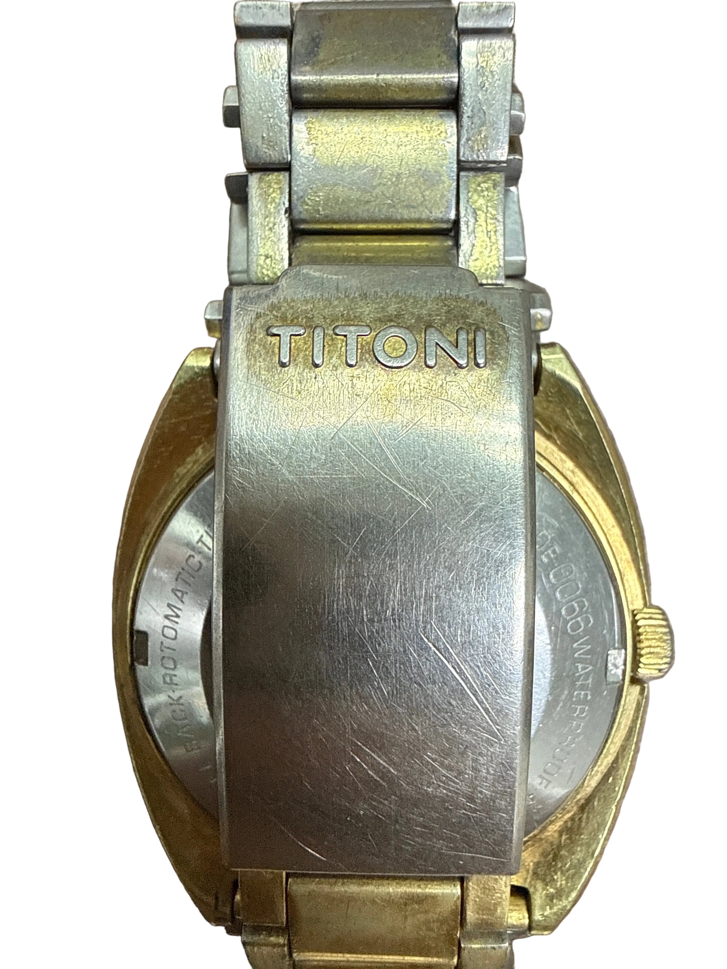 [已抹油高頻名機] 1970s Vintage Titoni Swing Star 梅花旋風之星｜金色粗拉絲樹皮紋面・瑞士 ETA 2790-1 (28,800 vph)・電視機型外殼・原裝梅花鋼帶