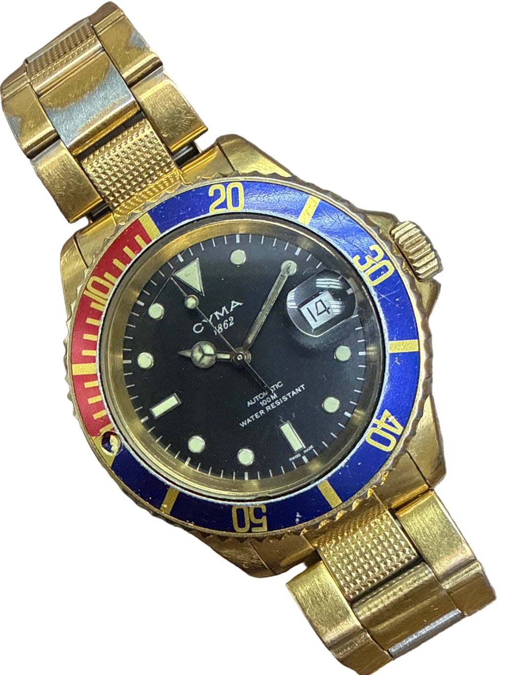 [黃金百事水鬼] 1990s Vintage Cyma 1862 司馬 100M 潛水錶｜瑞士 ETA 2824-2 自動名機 (停秒)・罕見黃金底紅藍百事單向圈・藍寶石鏡面・螺絲鎖霸・原裝包金鋼帶 (17cm)