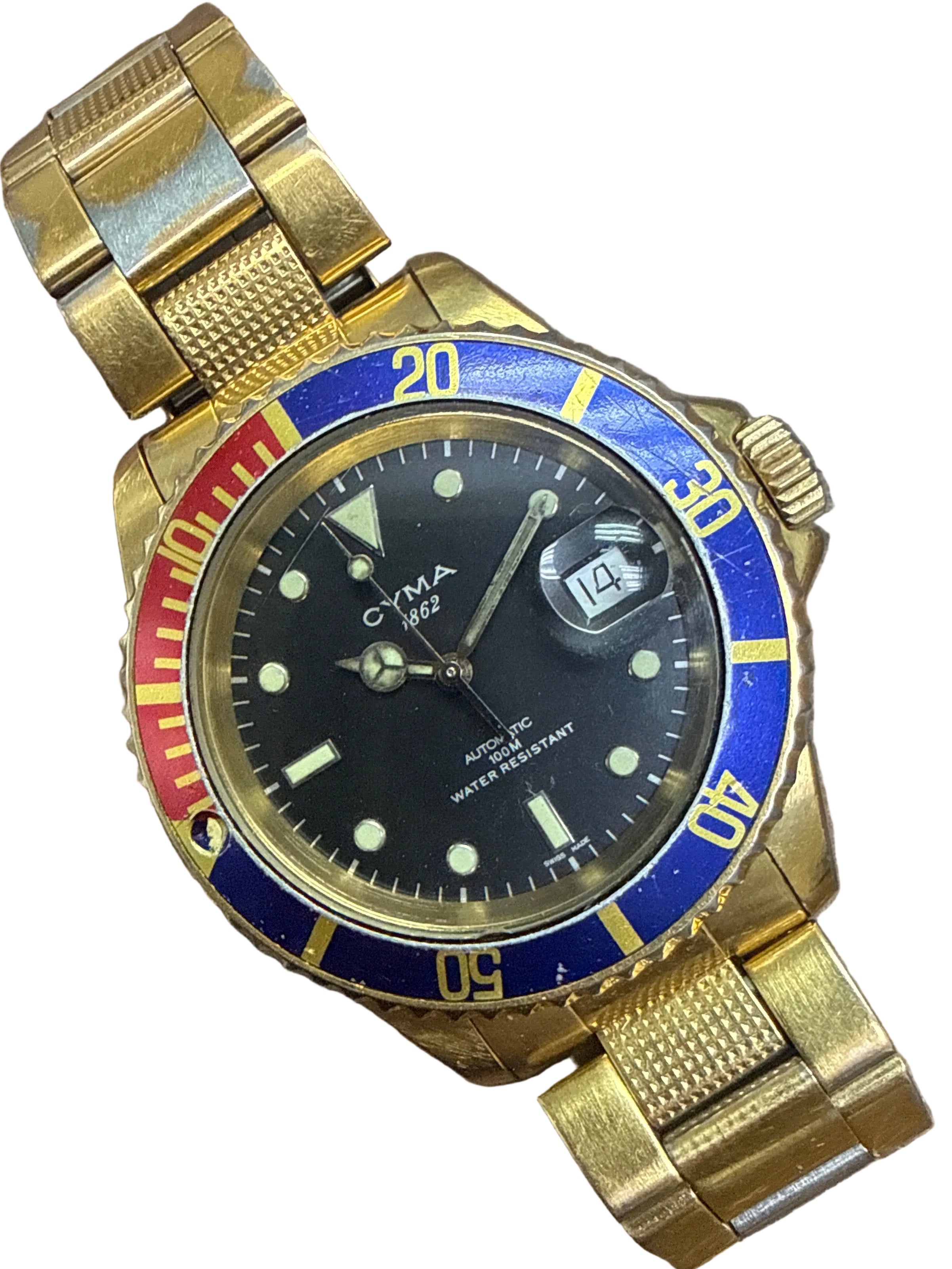 [黃金百事水鬼] 1990s Vintage Cyma 1862 司馬 100M 潛水錶｜瑞士 ETA 2824-2 自動名機 (停秒)・罕見黃金底紅藍百事單向圈・藍寶石鏡面・螺絲鎖霸・原裝包金鋼帶 (17cm)