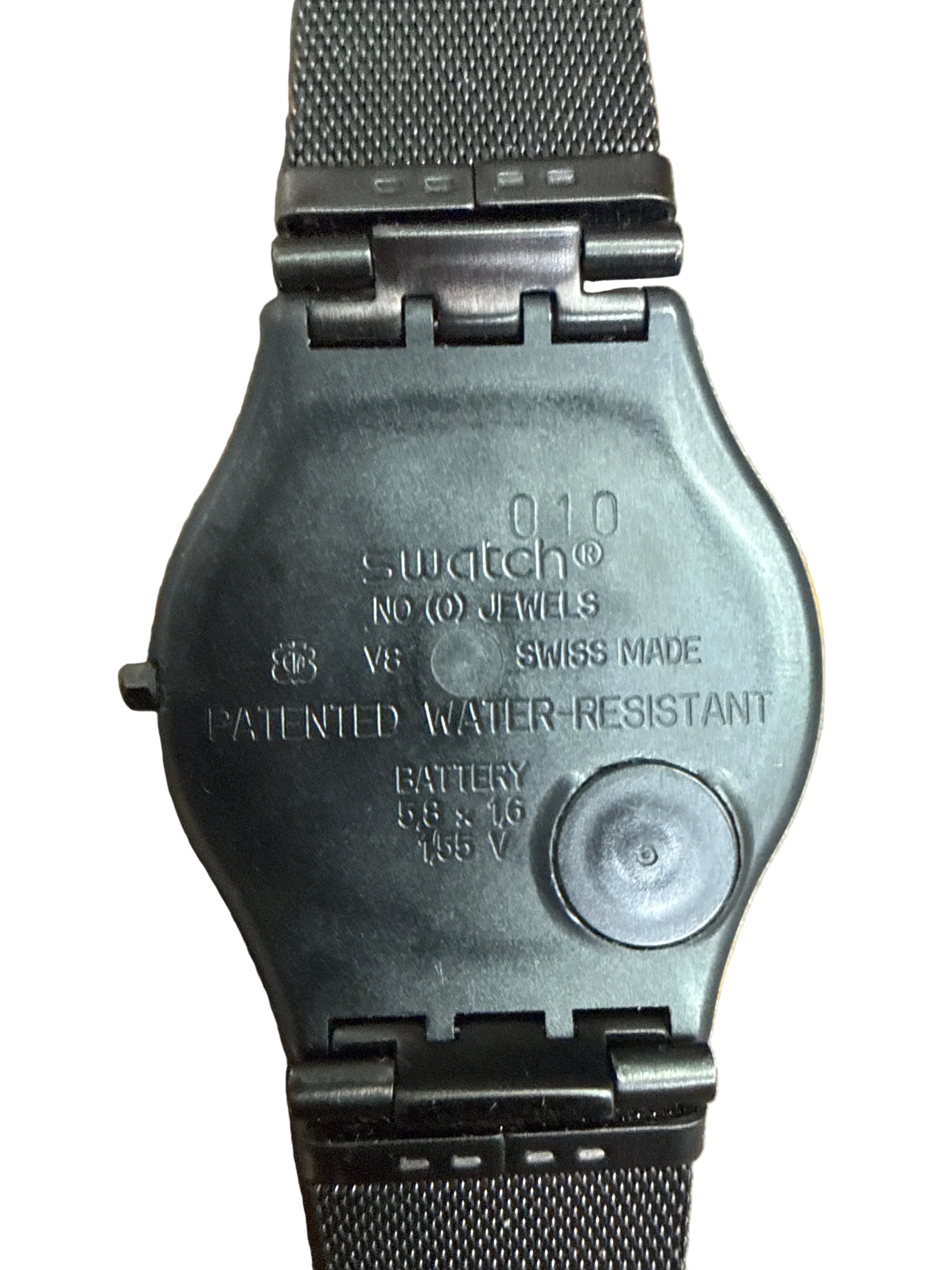 [千禧黑魂5mm極薄] Vintage 1999 Swatch Skin 雙層立體面盤｜瑞士 ETA V8 石英機芯 (已換新電)・3-6-9-12 軌道時標・原廠黑色米蘭編織鋼帶