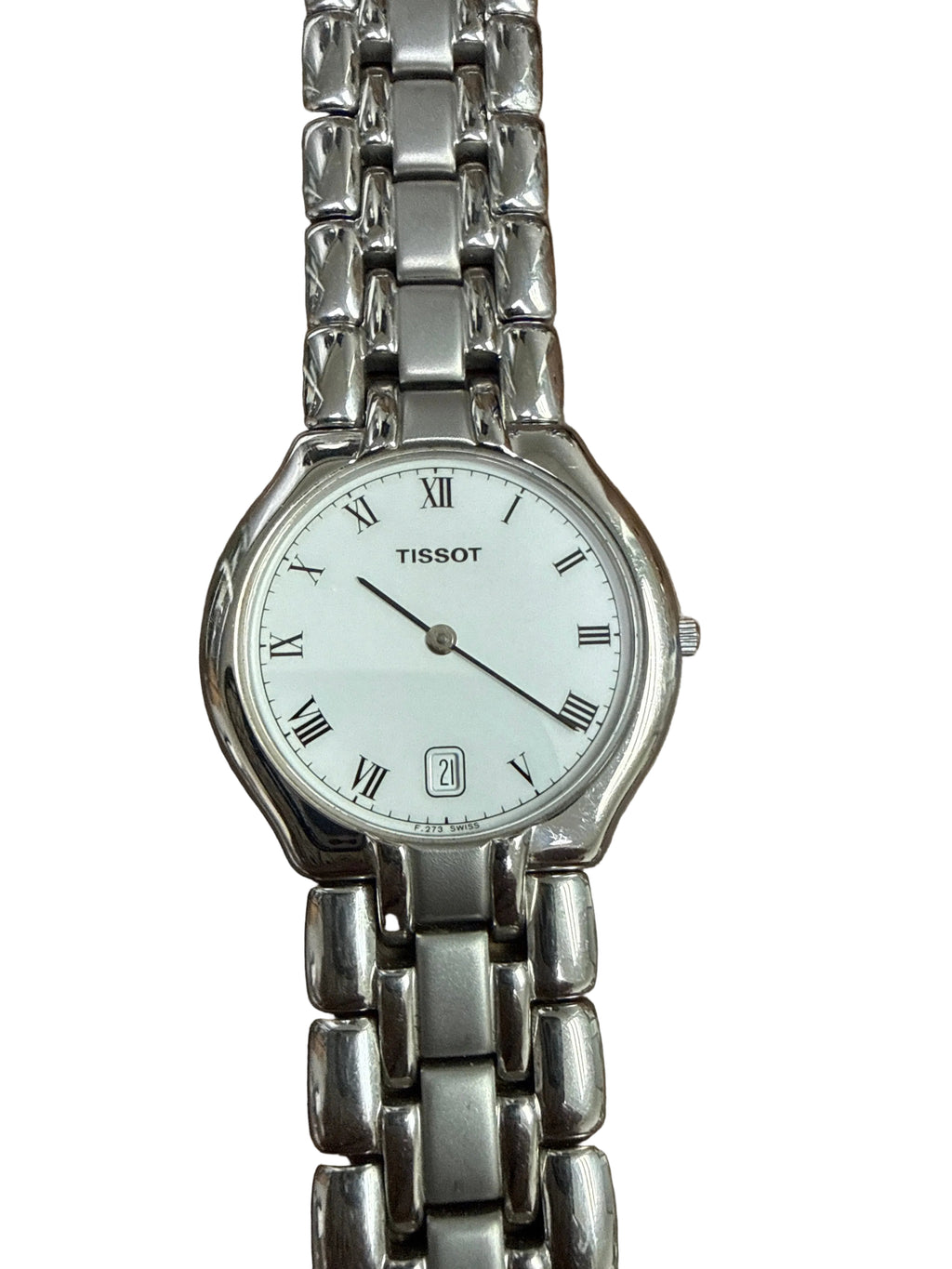 [極致6mm超薄白瓷面] 1990s Vintage Tissot 瑞士石英正裝錶｜純白瓷感羅馬字盤・軌道刻度・6點位對稱日曆・立體拋光噴砂原裝鋼帶 (Full Links 全齊格)
