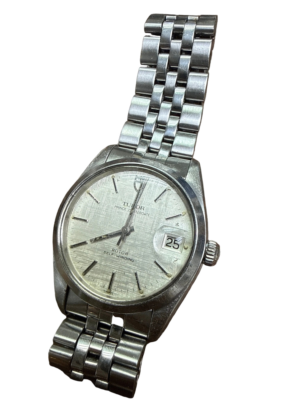 [稀有銀布紋面] Vintage Tudor Prince Oysterdate 74000｜配原廠 Tudor 實心五珠鋼帶 (18cm)・Rolex 蠔式底蓋・ETA 2824-2 自動名機 (擺幅 270°+)・特殊銀麻布紋盤