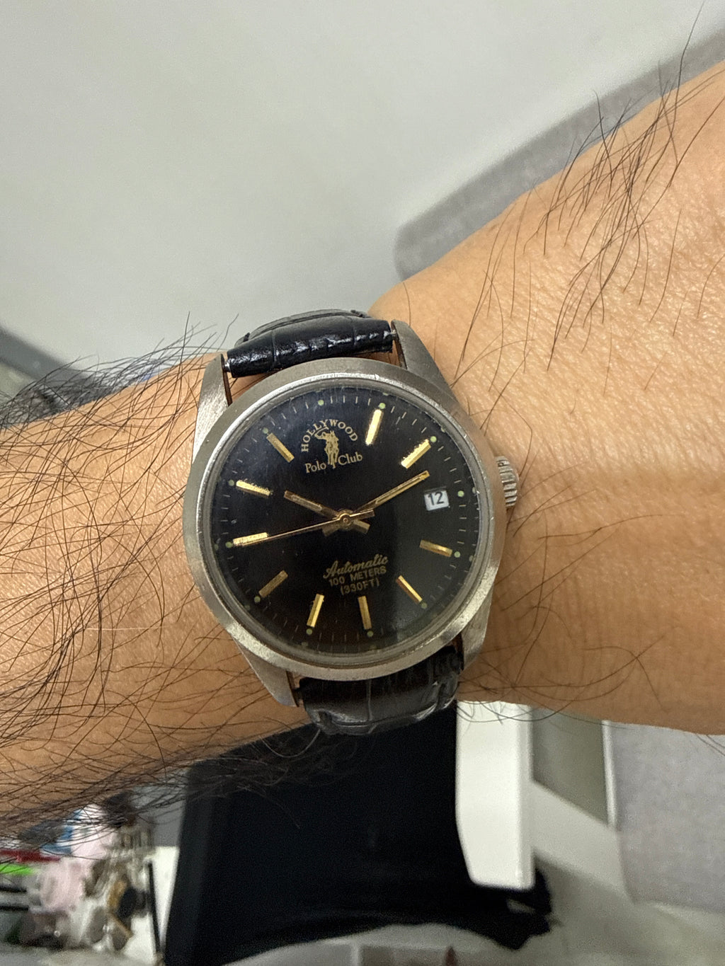 [好萊塢紀念款鎖把] Vintage Polo Club Hollywood 尊貴黑金自動錶 - 17石 21600高頻機芯 (快跳日曆) / 旋入式螺絲鎖霸 / 經典黑金面盤 / 高級鱷魚紋皮帶