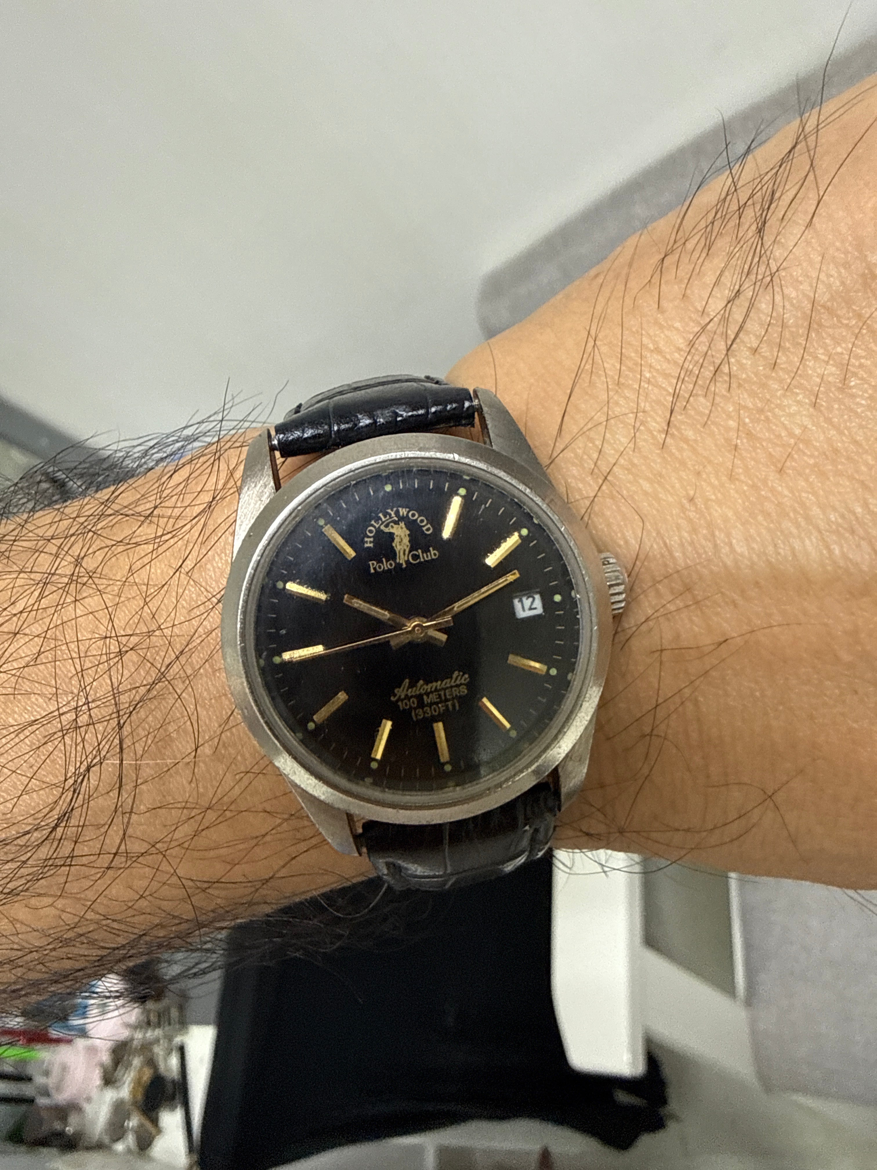 [好萊塢紀念款鎖把] Vintage Polo Club Hollywood 尊貴黑金自動錶 - 17石 21600高頻機芯 (快跳日曆) / 旋入式螺絲鎖霸 / 經典黑金面盤 / 高級鱷魚紋皮帶