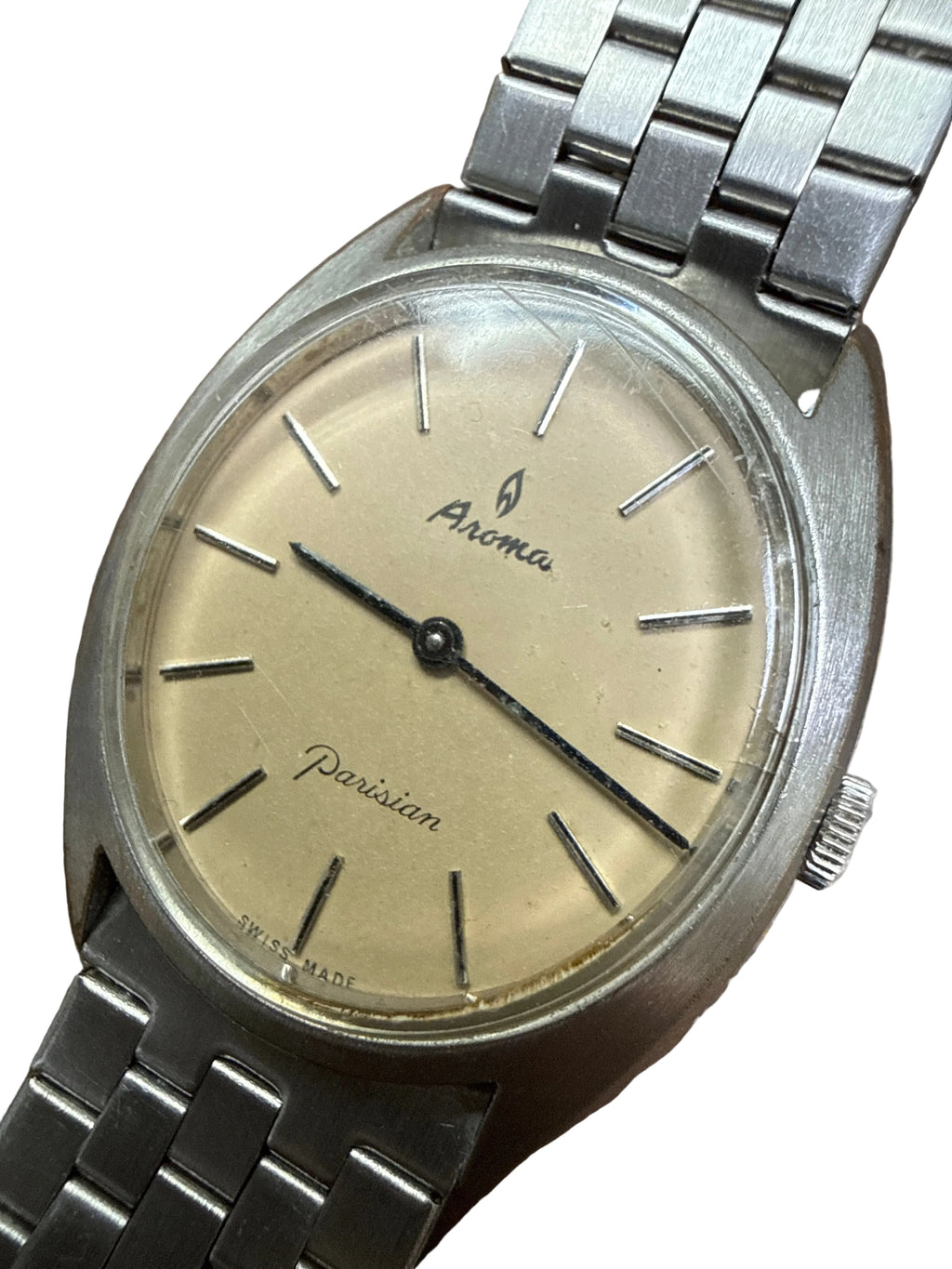 [奶茶色巴黎人] 1970s Vintage Aroma Parisian 瑞士手動正裝錶｜UT 6360 名芯・經典鵝蛋殼・溫潤奶茶色面盤・極簡黑雙針・彈弓伸縮鋼帶 (手圍達20cm)