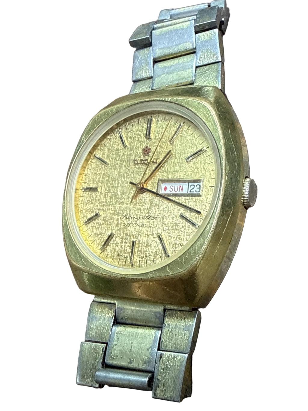 [已抹油高頻名機] 1970s Vintage Titoni Swing Star 梅花旋風之星｜金色粗拉絲樹皮紋面・瑞士 ETA 2790-1 (28,800 vph)・電視機型外殼・原裝梅花鋼帶