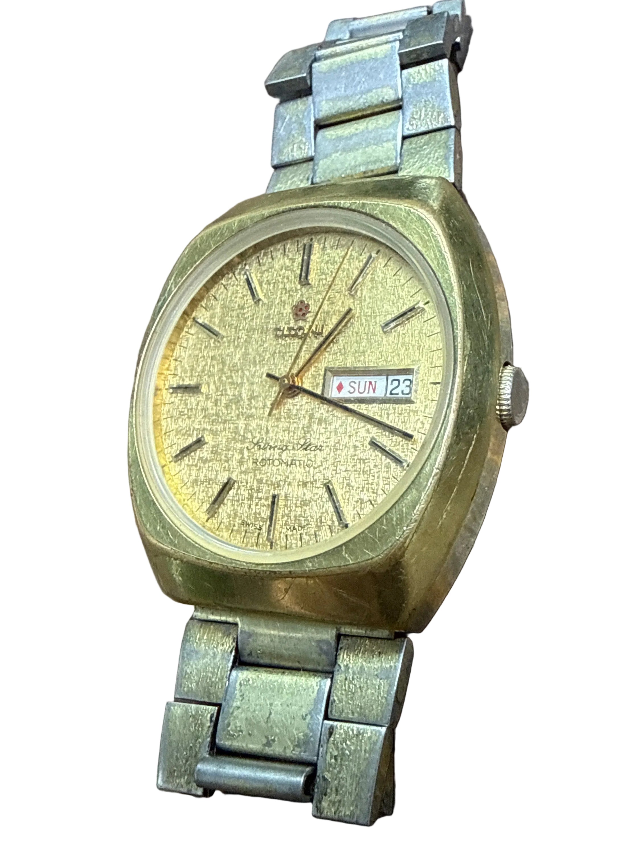 [已抹油高頻名機] 1970s Vintage Titoni Swing Star 梅花旋風之星｜金色粗拉絲樹皮紋面・瑞士 ETA 2790-1 (28,800 vph)・電視機型外殼・原裝梅花鋼帶
