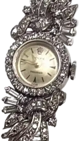 ⁠【周大福手工訂製全鑽手鐲】1960s 勞力士 Rolex Precision 18K白金晚裝腕錶 24粒天然美鑽圈 CTF梯方鑽藤蔓手鐲 (總重21.93g / 總長16cm) 瑞士原廠手動名芯⁠