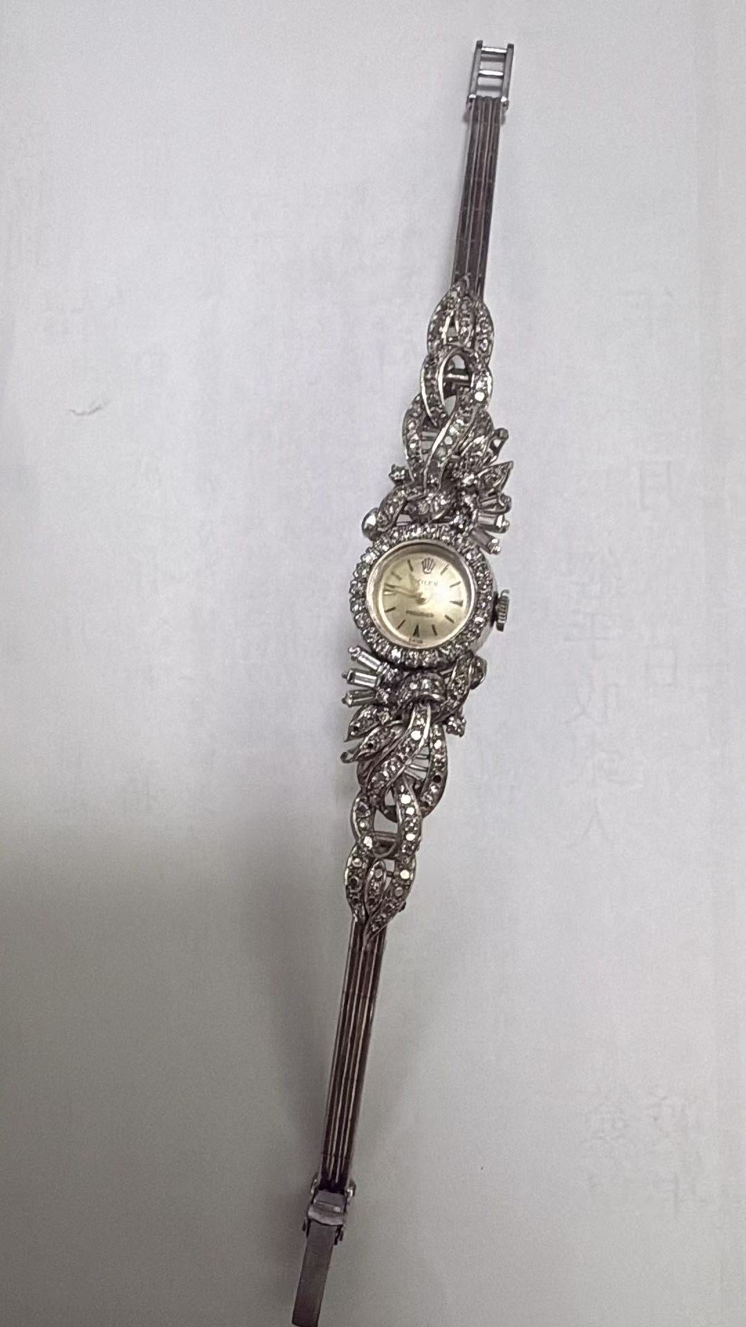 ⁠【周大福手工訂製全鑽手鐲】1960s 勞力士 Rolex Precision 18K白金晚裝腕錶 24粒天然美鑽圈 CTF梯方鑽藤蔓手鐲 (總重21.93g / 總長16cm) 瑞士原廠手動名芯⁠