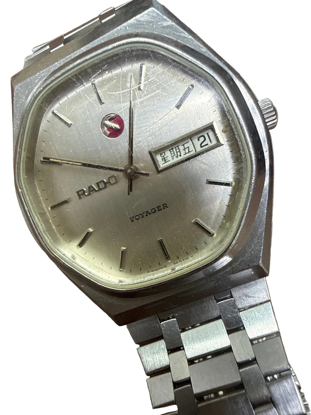 [紅底旋轉錨標] 1970s Vintage RADO Voyager 雷達航行者｜瑞士 ETA 2836 自動雙曆名機・經典六角幾何外殼・中文星期日曆・9.5mm 纖薄貼手・原廠薄身鋼帶 (16cm)