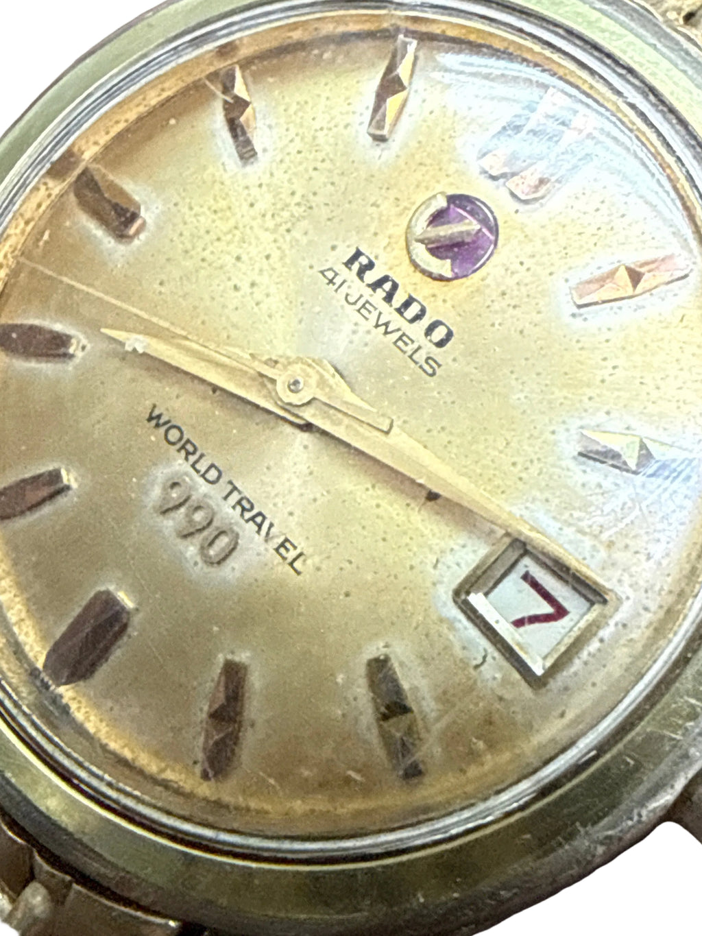 [極罕原裝金鋼米珠帶] 1960s Vintage RADO 雷達 World Travel 990｜瑞士 AS 1700/01 41石旗艦名機・旋轉紫紅錨標・立體梯形日曆・原廠刻字折疊扣