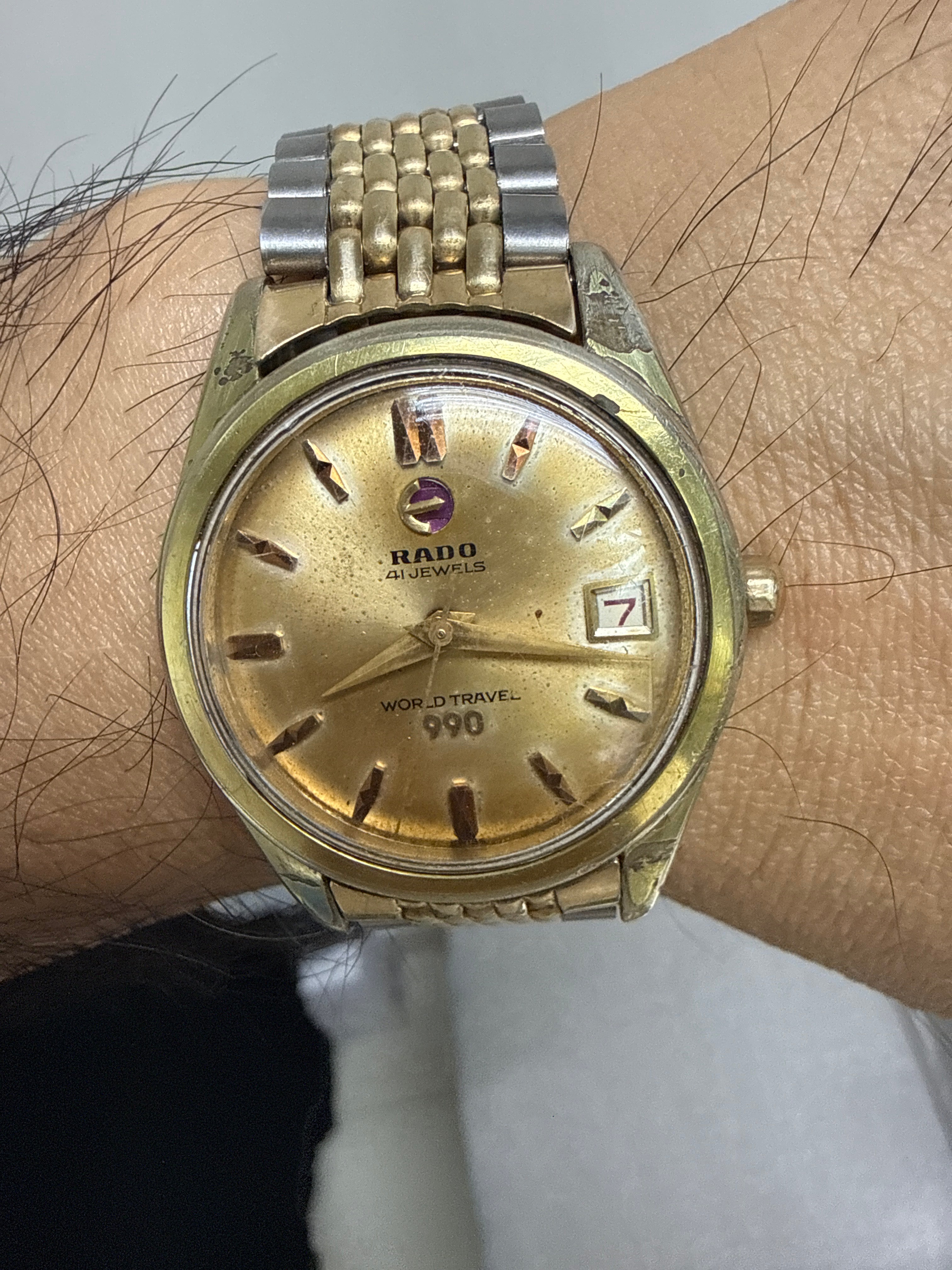 [極罕原裝金鋼米珠帶] 1960s Vintage RADO 雷達 World Travel 990｜瑞士 AS 1700/01 41石旗艦名機・旋轉紫紅錨標・立體梯形日曆・原廠刻字折疊扣