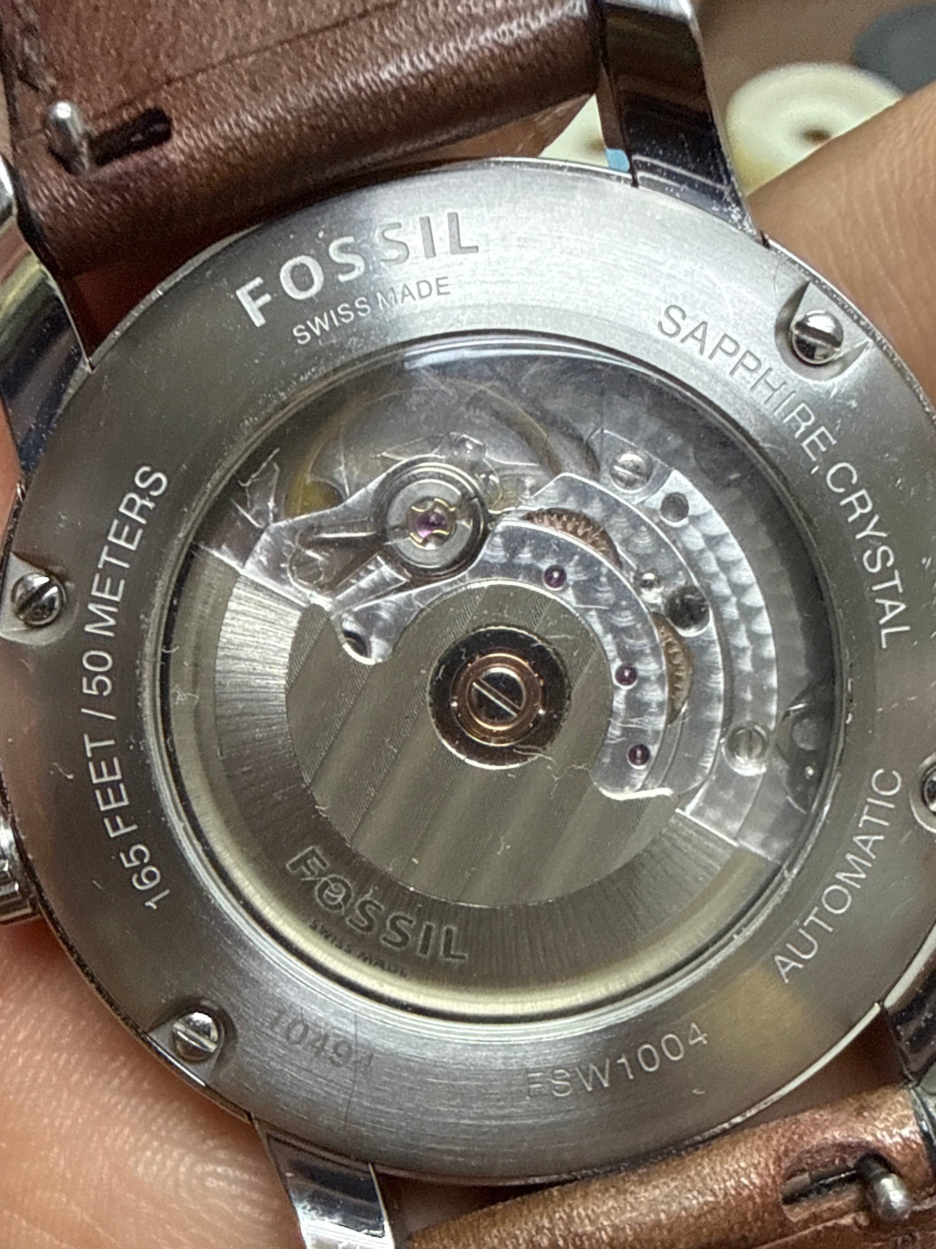 [正統Swiss Made] Fossil 瑞士製造高階系列 奶白面自動正裝錶 - 瑞士原廠 Cal. STP 1-11 名芯 / 拱形水晶鏡 / 透底設計 / 襯復古棕皮帶
