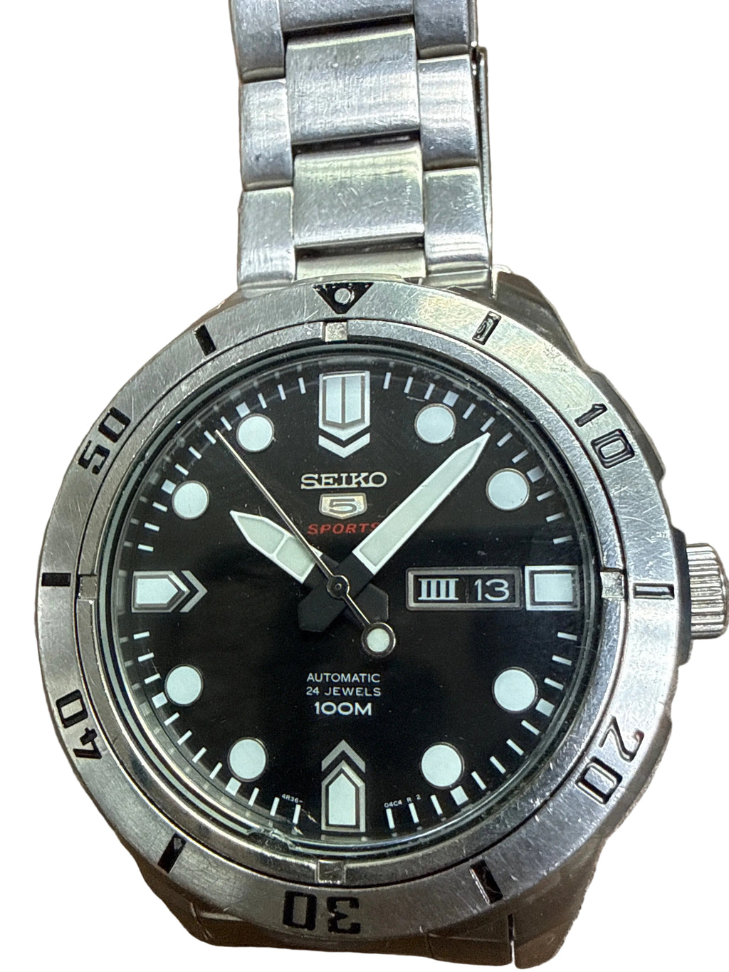 [45mm 重裝怪獸潛水王] Seiko 5 Sports 舊五標 100M 水鬼｜日本 4R36 機芯 (支援手上鏈+停秒)・鋼色單向外圈・棒棒糖夜光針・原裝折疊扣鋼帶 (16.5cm)
