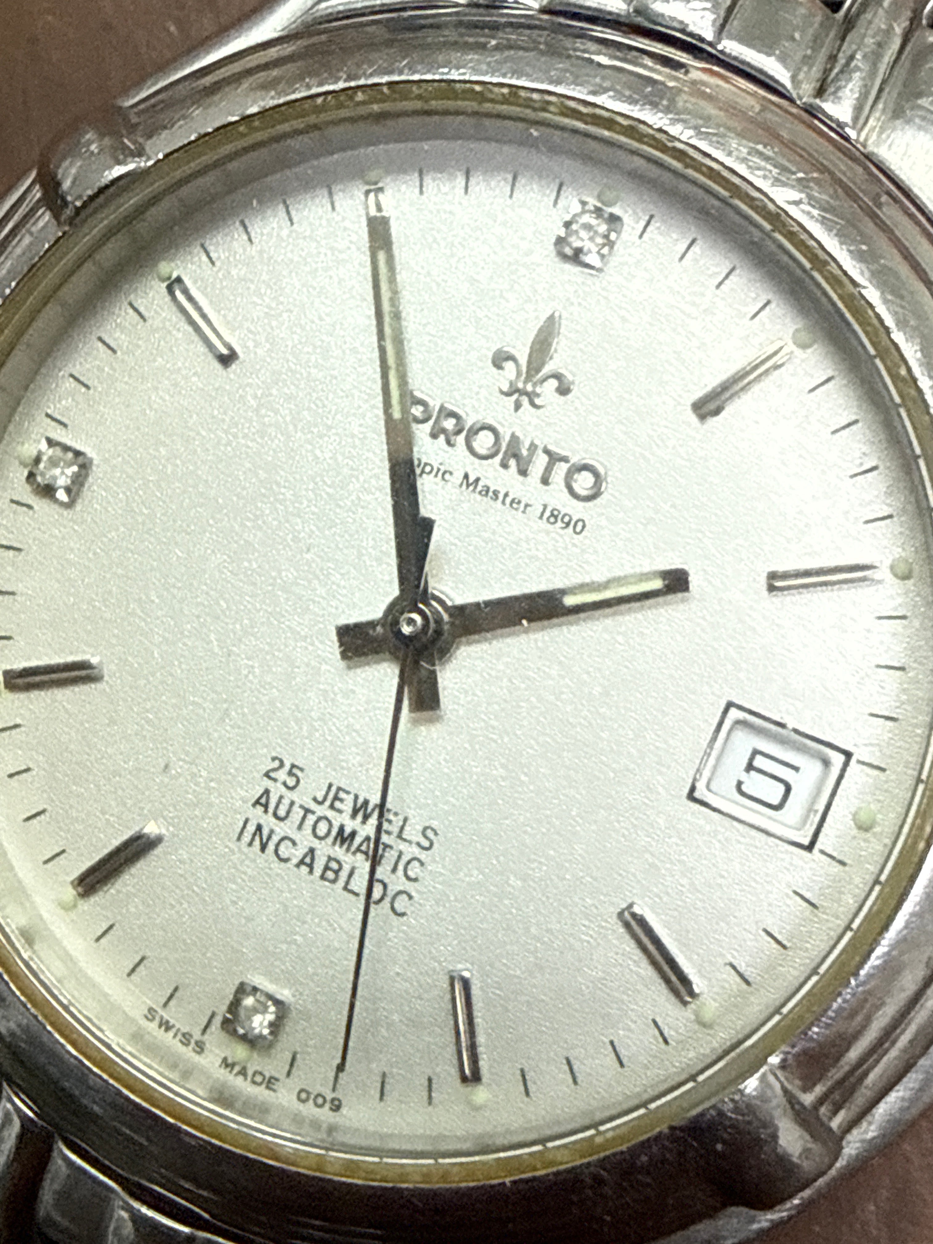 [招牌鳶尾花鎖把] 1990s Vintage Pronto 博多 Tropic Master 1890｜瑞士 ETA 2824-2 (25石停秒透底)・磨砂銀面 6-9-12 水晶字釘・原裝一體式頂級工藝鋼帶 (手圍18.5cm)