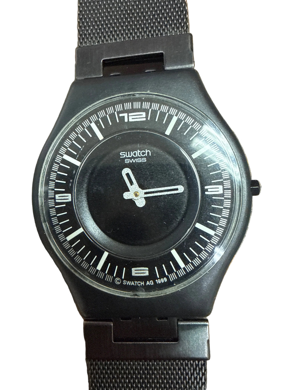[千禧黑魂5mm極薄] Vintage 1999 Swatch Skin 雙層立體面盤｜瑞士 ETA V8 石英機芯 (已換新電)・3-6-9-12 軌道時標・原廠黑色米蘭編織鋼帶
