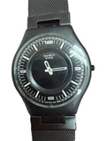 [千禧黑魂5mm極薄] Vintage 1999 Swatch Skin 雙層立體面盤｜瑞士 ETA V8 石英機芯 (已換新電)・3-6-9-12 軌道時標・原廠黑色米蘭編織鋼帶