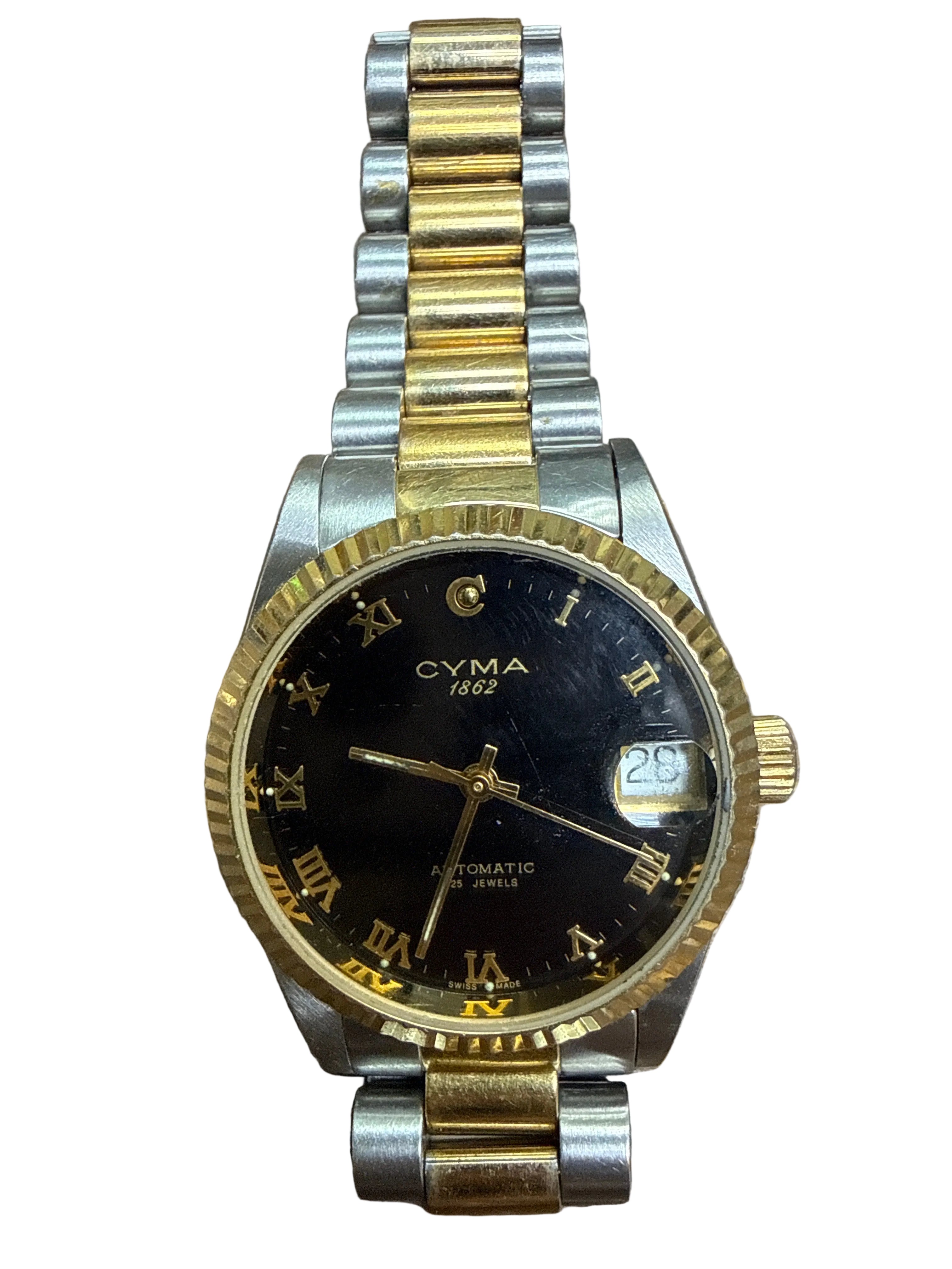 [黑金羅馬狗牙圈] Vintage Cyma 1862 司馬金剛戰神｜瑞士 ETA 2824-2 自動名機 (停秒透底)・經典 Boy Size 32mm・立體金色羅馬字・原廠間金五珠帶 (16.5cm)