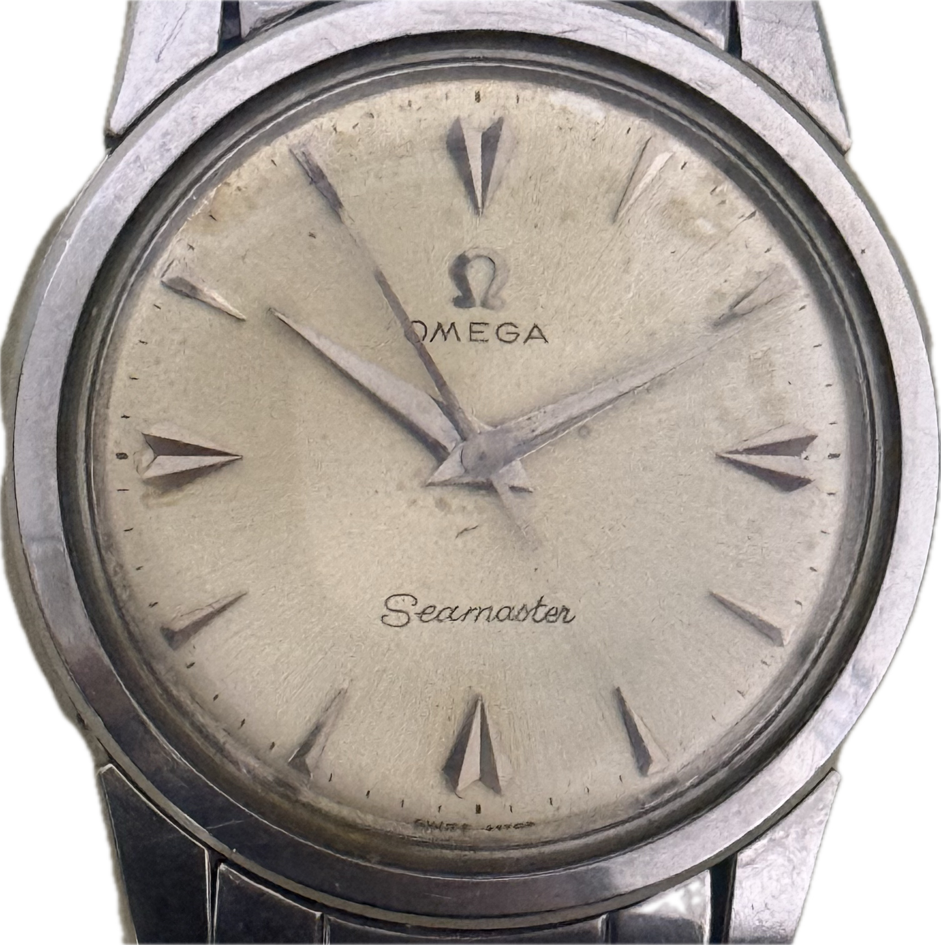 [50年代經典烏蠅字] Vintage Omega Seamaster 手動上鏈｜罕有 Cal. 420 機芯・經典闊耳牛角腳・原裝 1959 年歐米茄鋼帶・立體字釘銀放射面 (9.5mm 超薄)