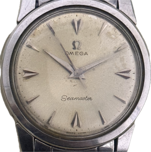 [50年代經典烏蠅字] Vintage Omega Seamaster 手動上鏈｜罕有 Cal. 420 機芯・經典闊耳牛角腳・原裝 1959 年歐米茄鋼帶・立體字釘銀放射面 (9.5mm 超薄)