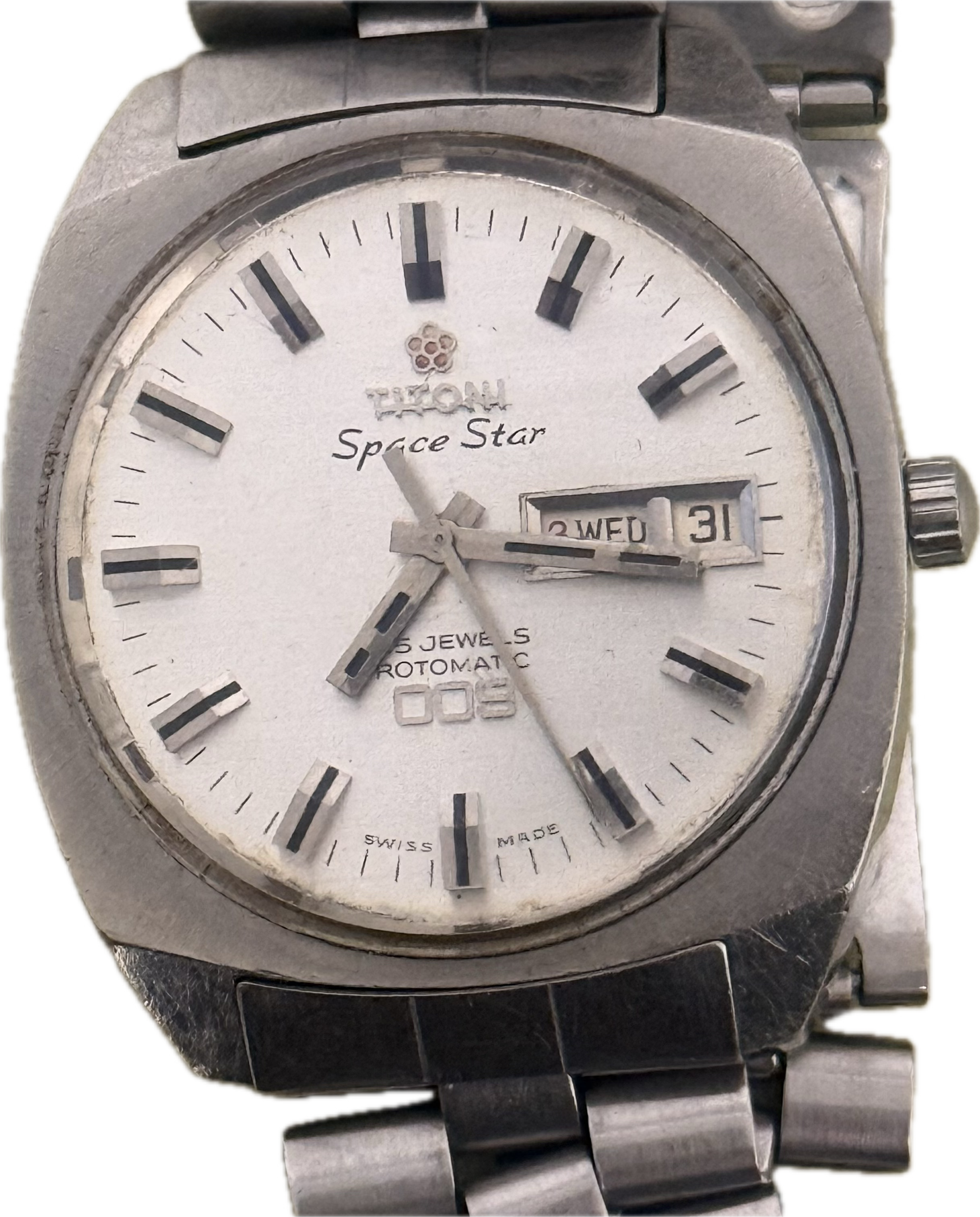 [70年代太空紅梅花] Vintage Titoni Space Star 009 太空之星｜經典全鋼鮑魚殼・瑞士 ETA 2836 高頻名機 (28,800 vph)・原裝一體式五珠鋼帶・立體紅梅花標誌