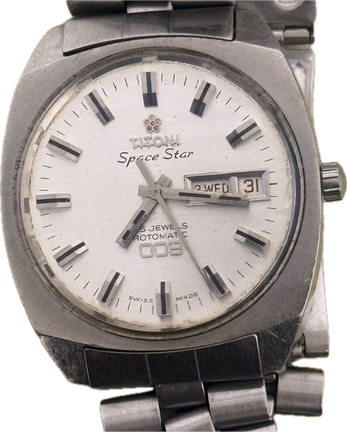 [70年代太空紅梅花] Vintage Titoni Space Star 009 太空之星｜經典全鋼鮑魚殼・瑞士 ETA 2836 高頻名機 (28,800 vph)・原裝一體式五珠鋼帶・立體紅梅花標誌