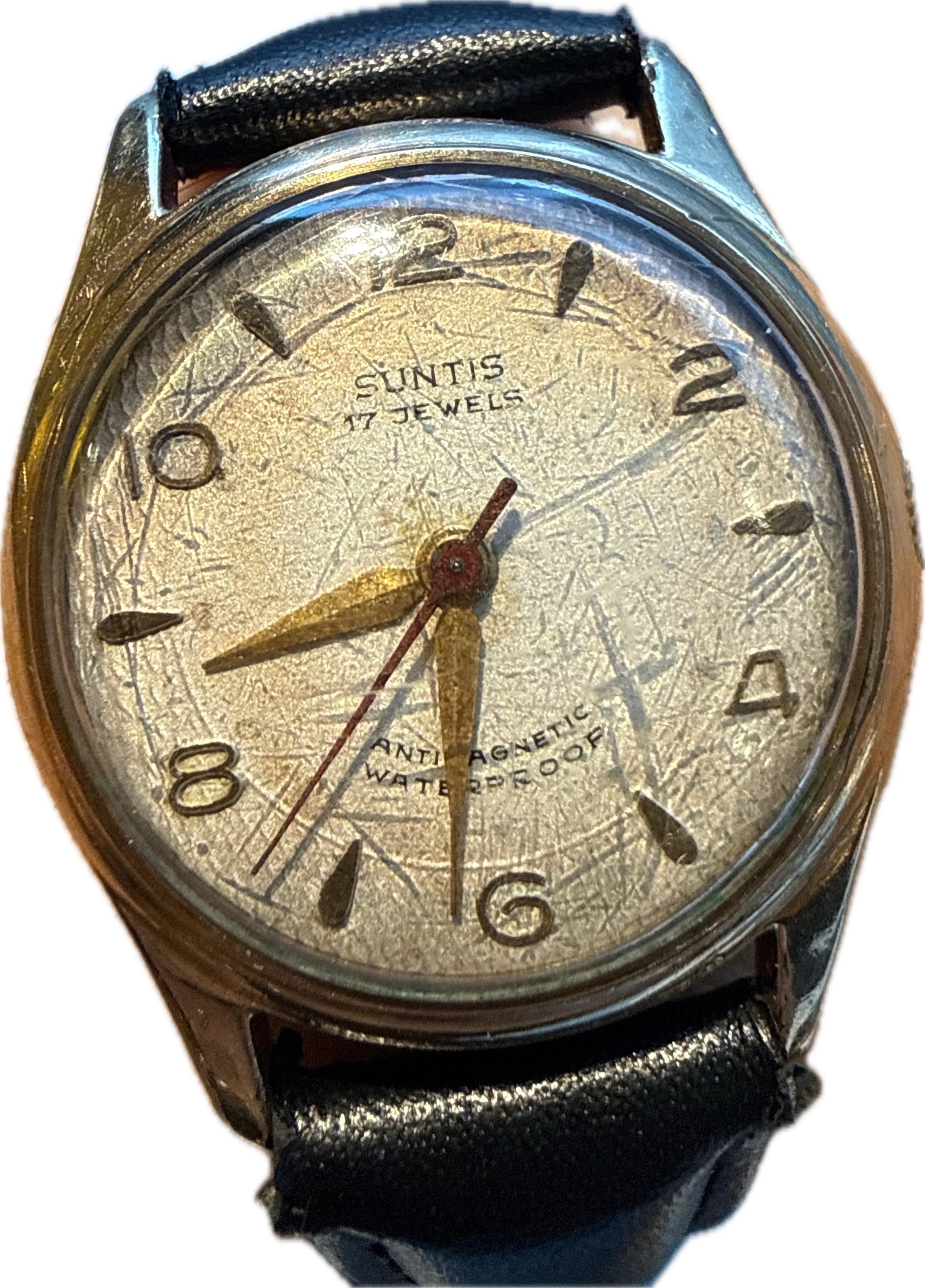 [50年代經典毒物] Vintage Suntis 1950s 蜂巢雕花面盤 - 瑞士 Helios 17石手動機芯 / 復古紅秒針 / 10K包金圈防磁鋼底