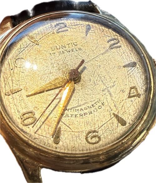 [50年代經典毒物] Vintage Suntis 1950s 蜂巢雕花面盤 - 瑞士 Helios 17石手動機芯 / 復古紅秒針 / 10K包金圈防磁鋼底