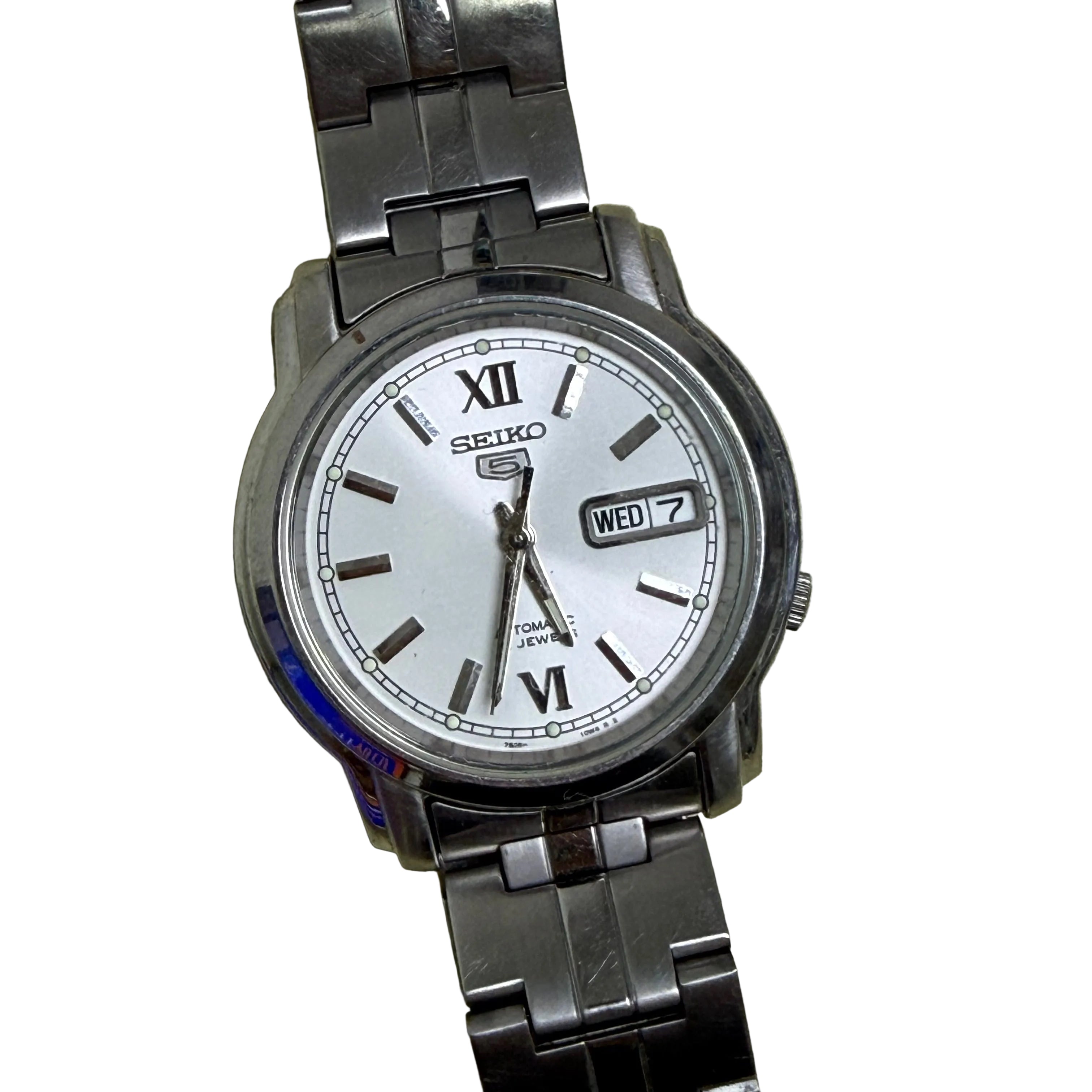 [黑軌道羅馬字] Seiko 5 經典五號自動雙曆鋼王 - 瑞士/英倫風黑軌道外圈 / 銀放射面 / 羅馬數字 6 & 12 / 原裝鋼帶 (手圍16.5cm)