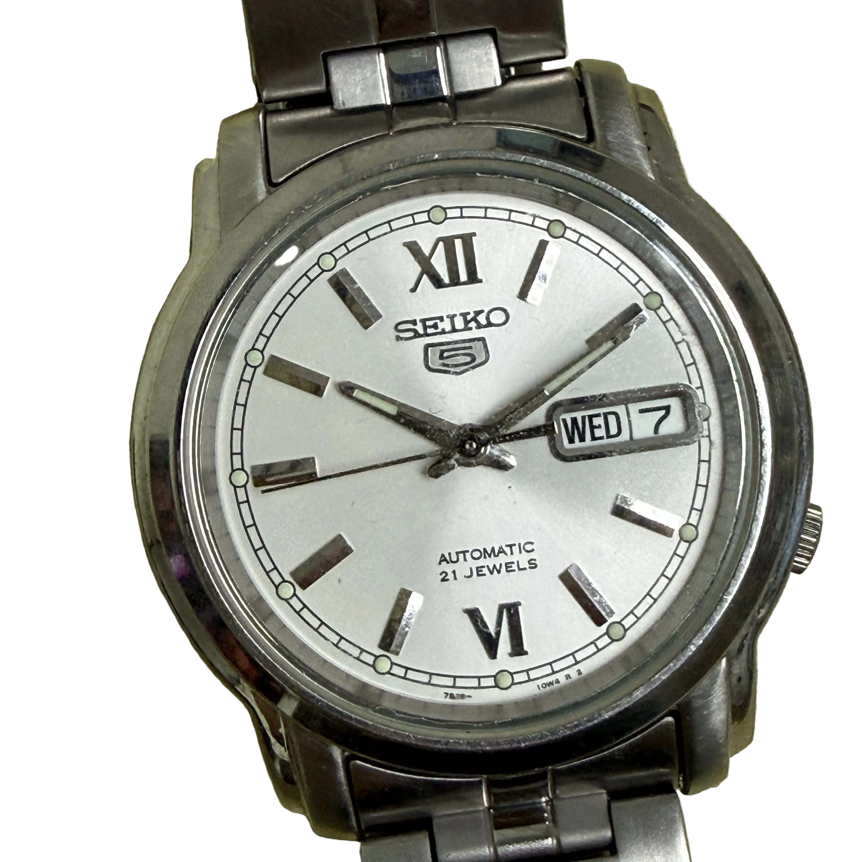[黑軌道羅馬字] Seiko 5 經典五號自動雙曆鋼王 - 瑞士/英倫風黑軌道外圈 / 銀放射面 / 羅馬數字 6 & 12 / 原裝鋼帶 (手圍16.5cm)