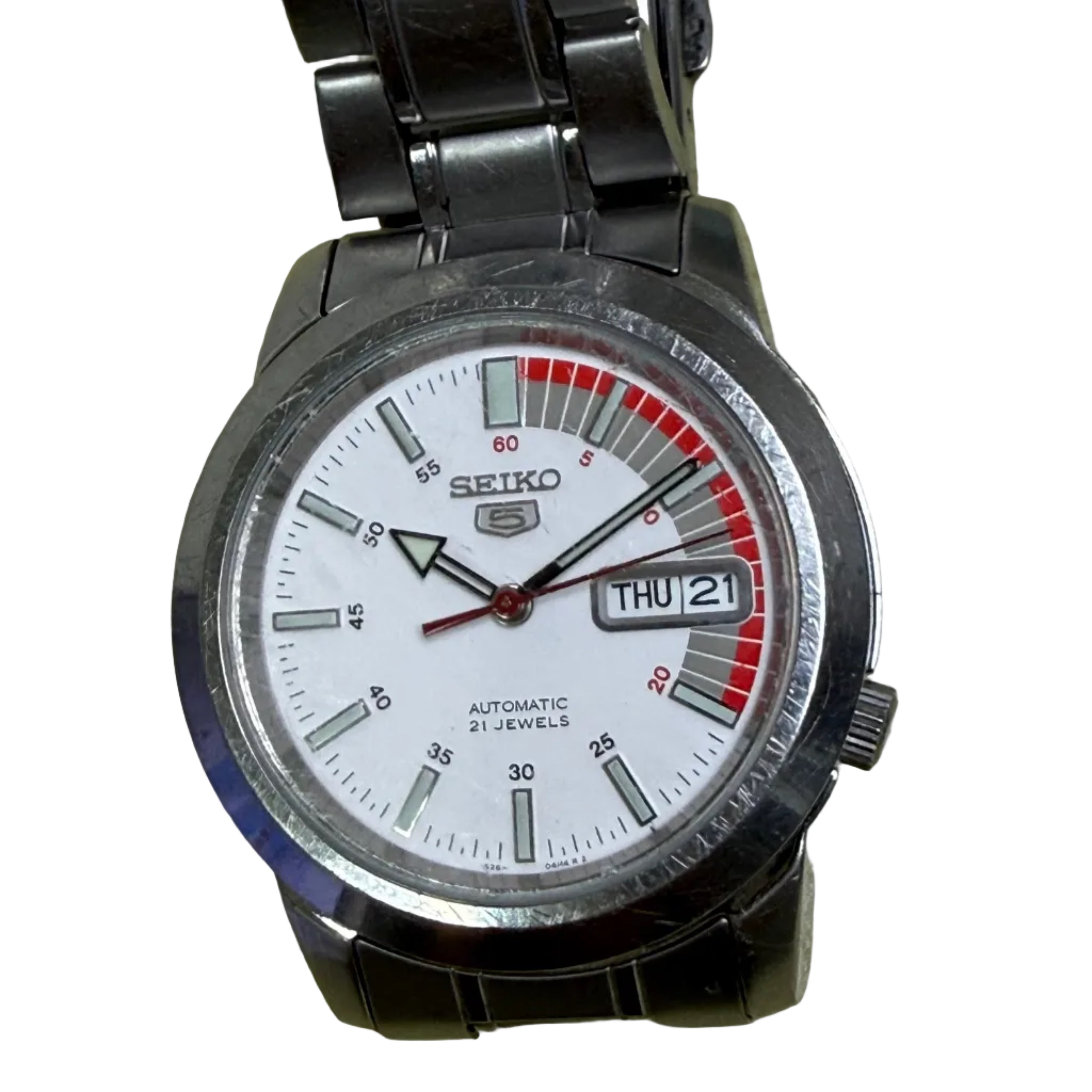 [特色前20分外圈] Seiko 5 經典五號自動雙曆鋼錶 - Cal. 7S26 21石自動機芯 / 純白運動面盤 / 4點位把頭 / 原裝鋼帶 (粗手18.5cm)