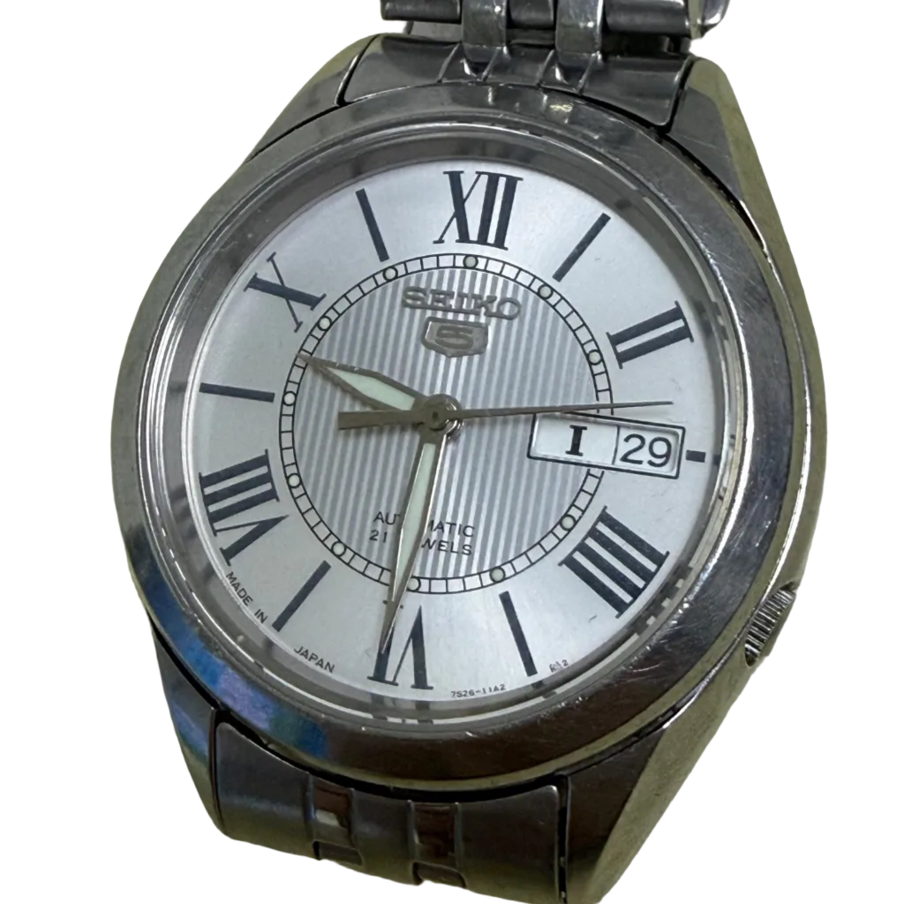 【商品標題 Title】 [Made in Japan] Seiko 5 經典五號自動雙曆鋼錶 - 日本製造 Cal. 7S26 21石名機 / 雙層同心圓面 / 羅馬字時標 / 原裝五珠鋼帶 (16.5cm)