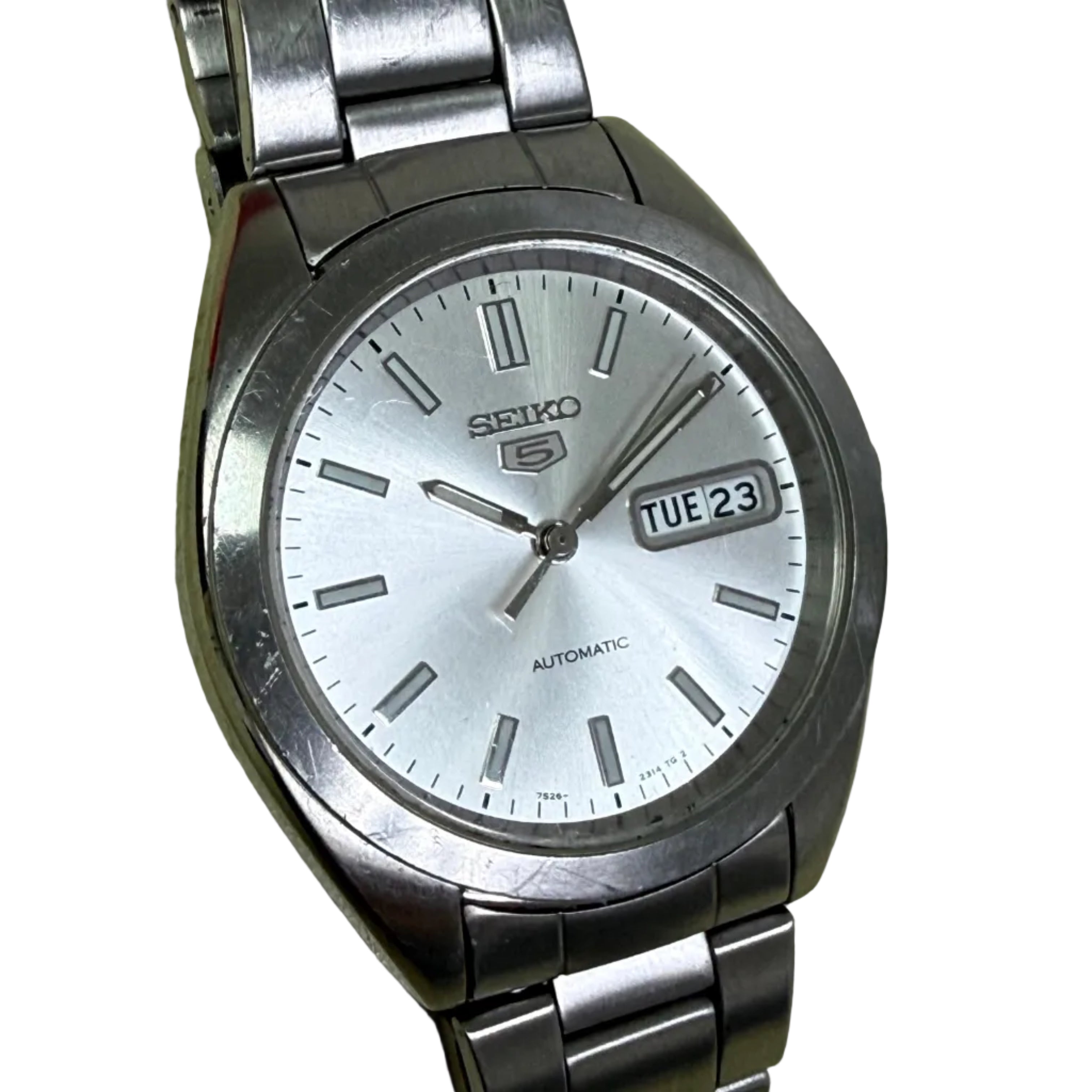 [經典銀白放射面] Seiko 5 經典五號自動雙曆鋼錶 - Cal. 7S26 自動心臟 / 寶劍夜光針 / 分鐘刻度格 / 原裝實心鋼帶 (16.5cm) / 透底