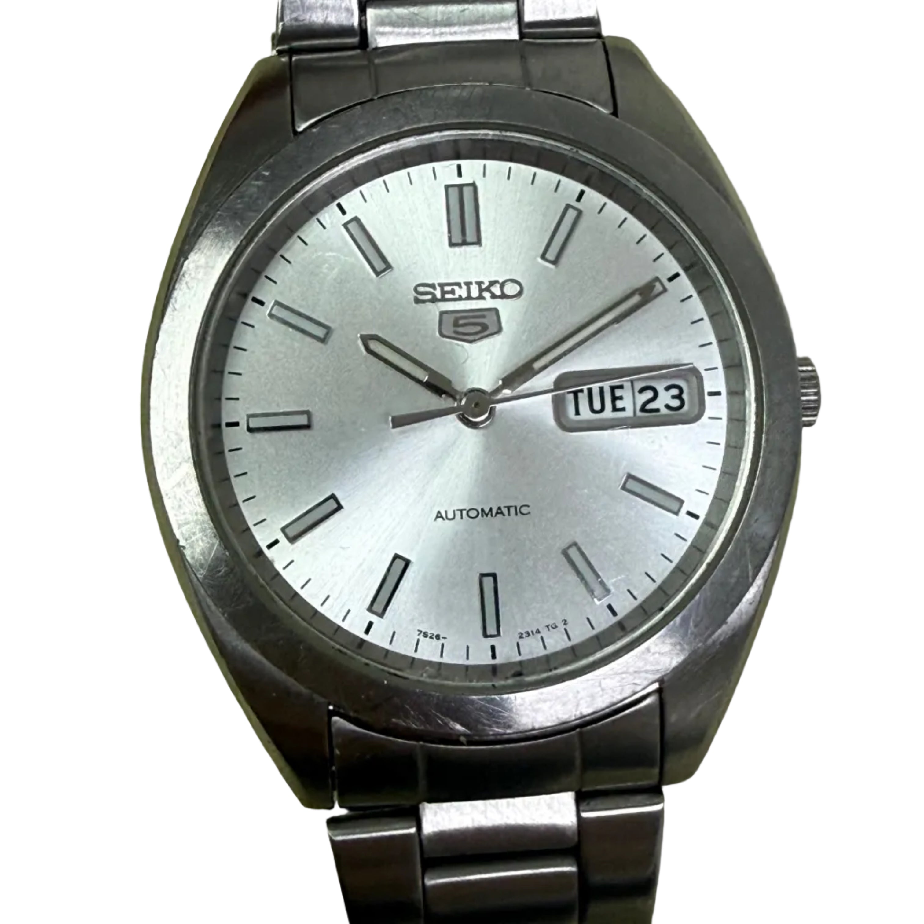 [經典銀白放射面] Seiko 5 經典五號自動雙曆鋼錶 - Cal. 7S26 自動心臟 / 寶劍夜光針 / 分鐘刻度格 / 原裝實心鋼帶 (16.5cm) / 透底