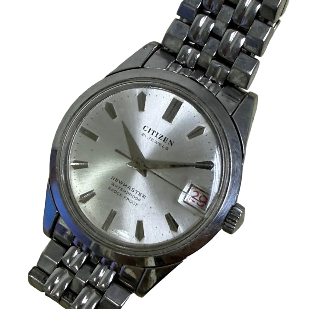 [復古手動上鏈] Vintage 1970s Citizen New Master 21 Jewels - 日本原裝 Cal. 1801 手動機芯 / 銀放射面 / 內放大鏡膠鏡 / 原裝 CTZ 霸的 &amp; 鋼帶 (15cm)