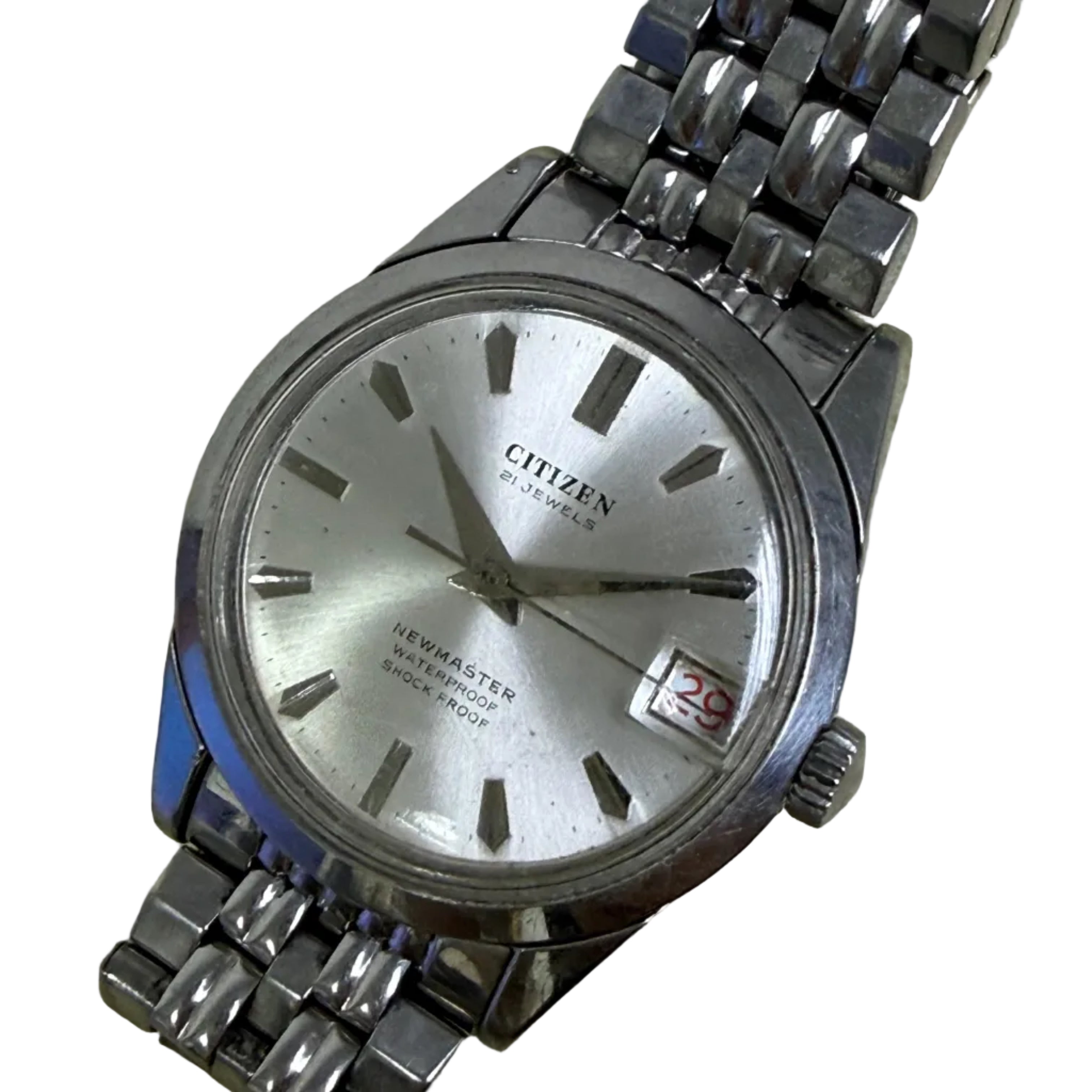 [復古手動上鏈] Vintage 1970s Citizen New Master 21 Jewels - 日本原裝 Cal. 1801 手動機芯 / 銀放射面 / 內放大鏡膠鏡 / 原裝 CTZ 霸的 &amp; 鋼帶 (15cm)