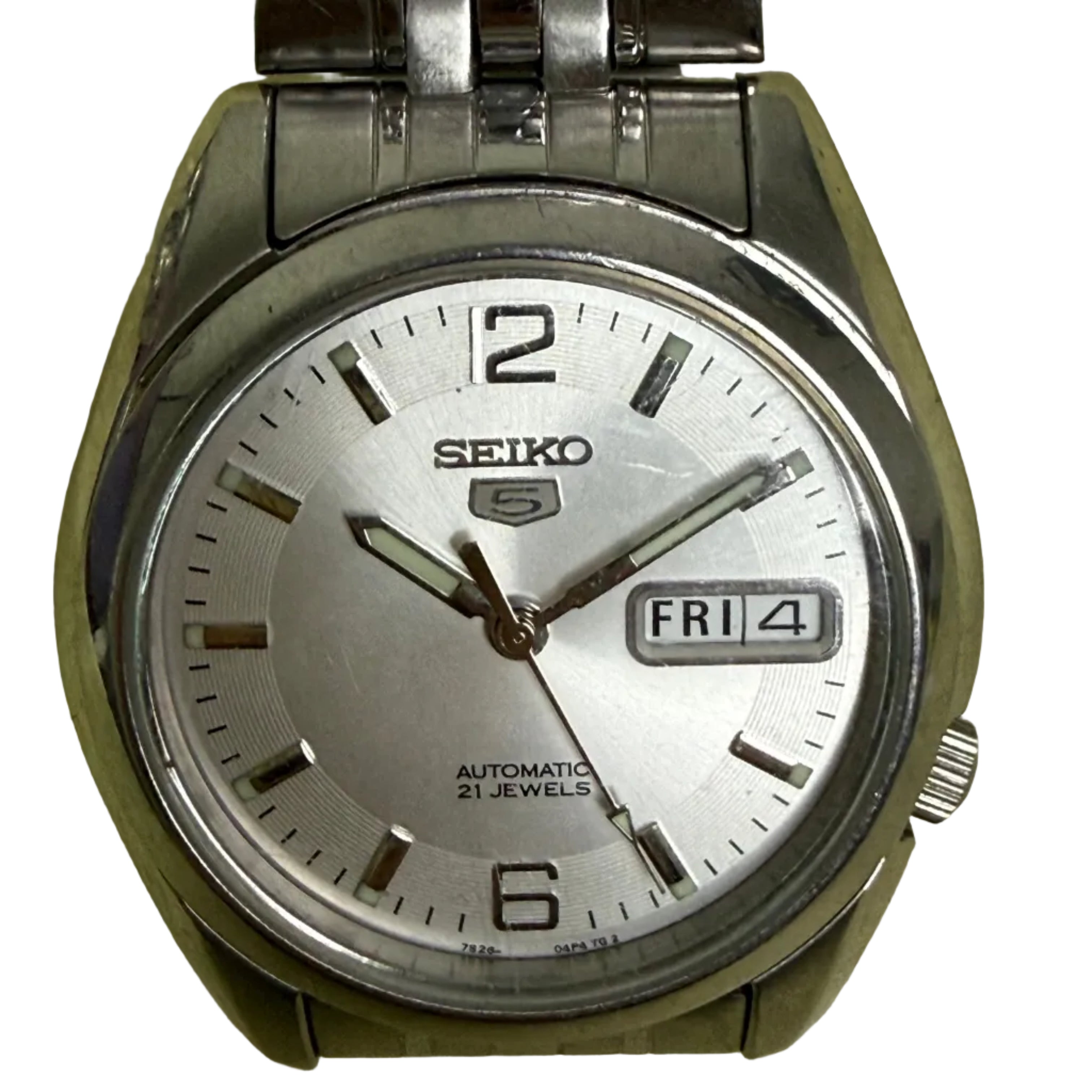 [唱片坑紋外圈] Seiko 5 經典五號自動雙曆鋼錶 - Cal. 7S26 自動名芯 / 銀白放射面 / 6 &amp; 12 數字時標 / 寶劍針 / 原裝五珠鋼帶 (16.5cm)