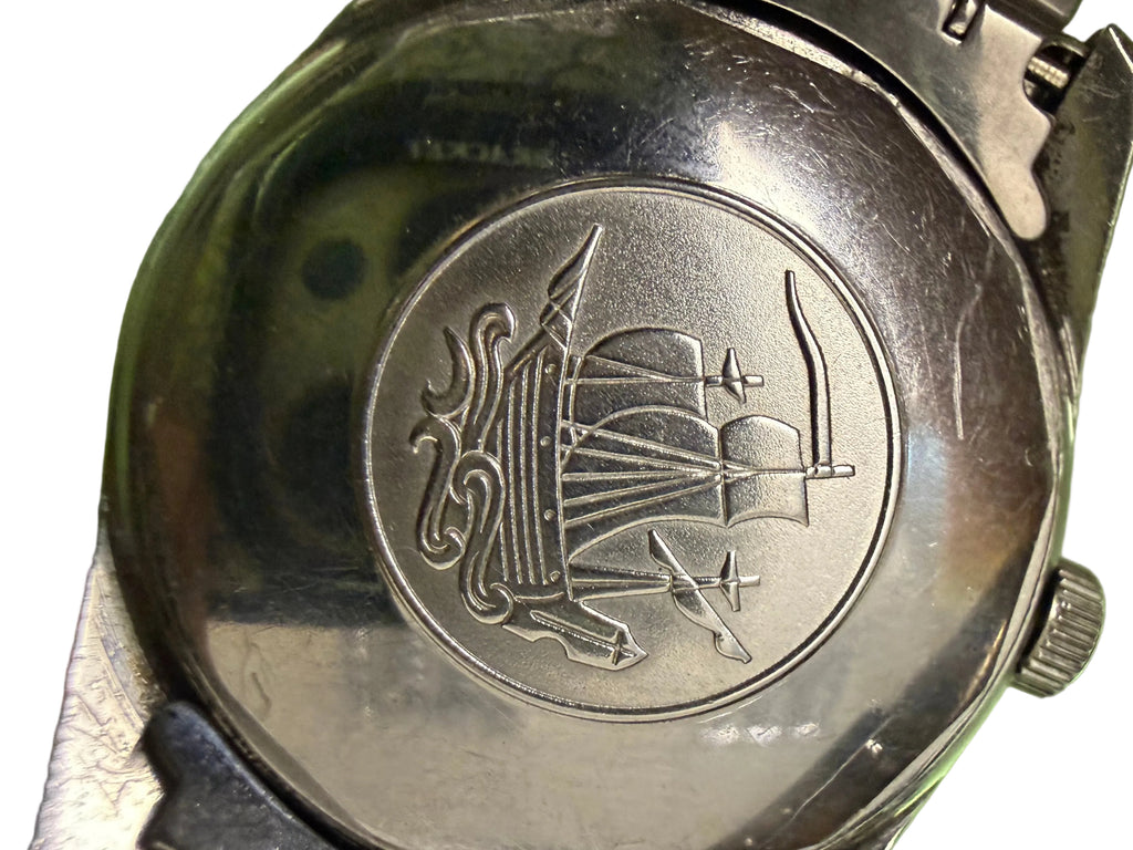 [已售出 SOLD OUT 典藏紀錄] 1960s 瑞士天梭 Tissot T12 鮑魚殼自動機械錶 - 原廠自產 Cal. 784-1 / 立體帆船浮雕底蓋 / 原裝四格磚仔履帶鋼帶 / 星塵氧化面