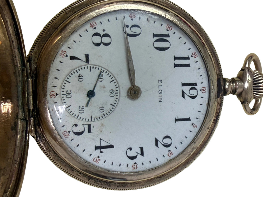 [成功出售 1928年製・百年白瓷面] 美國 Elgin 埃爾金 彈蓋小三針古董懷錶 - Hunter Case / 厚包金鋼印 / 魚鱗紋機芯 / 正常行走 / HK$950