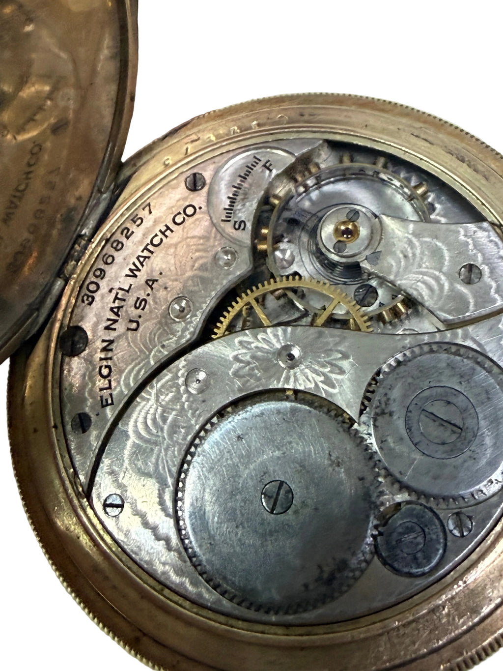 [成功出售 1928年製・百年白瓷面] 美國 Elgin 埃爾金 彈蓋小三針古董懷錶 - Hunter Case / 厚包金鋼印 / 魚鱗紋機芯 / 正常行走 / HK$950