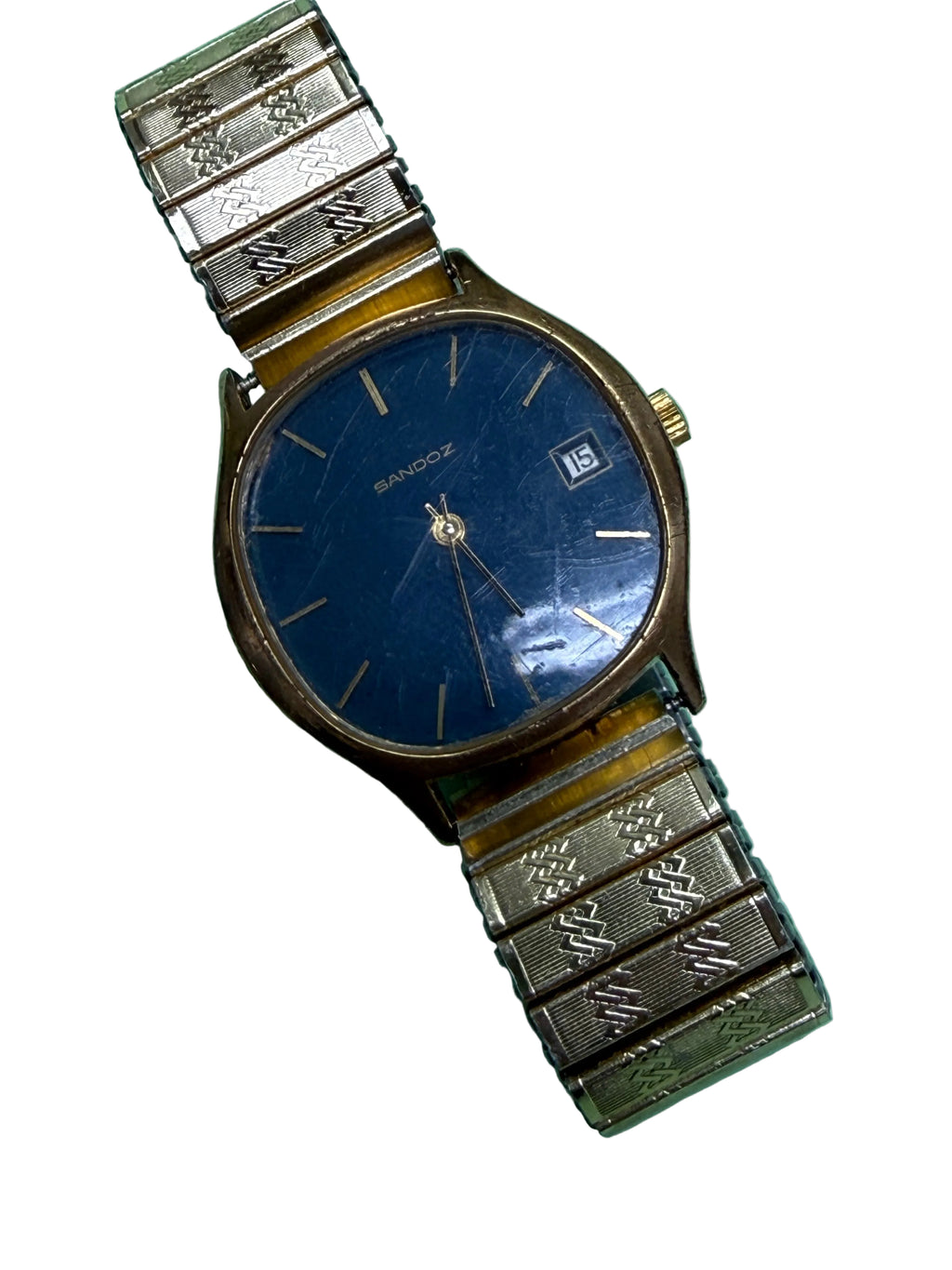 ⁠[午夜藍金・幾何壓花彈弓帶] 1970s Sandoz 瑞士山度士 包金機械錶 深藍面 日曆 復古金錶 31.5mm/lug to lug 36.5mm 厚薄6.5mm⁠