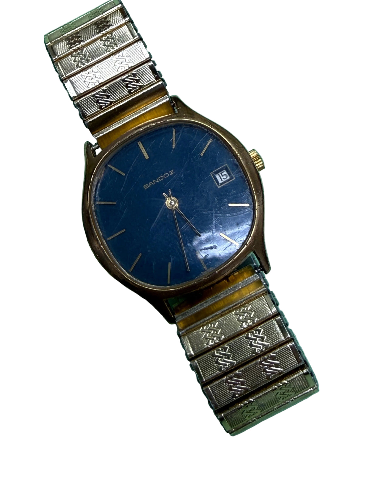 ⁠[午夜藍金・幾何壓花彈弓帶] 1970s Sandoz 瑞士山度士 包金機械錶 深藍面 日曆 復古金錶 31.5mm/lug to lug 36.5mm 厚薄6.5mm⁠
