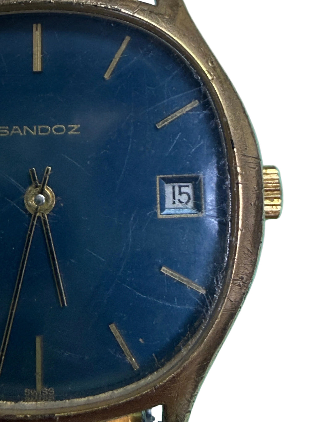 ⁠[午夜藍金・幾何壓花彈弓帶] 1970s Sandoz 瑞士山度士 包金機械錶 深藍面 日曆 復古金錶 31.5mm/lug to lug 36.5mm 厚薄6.5mm⁠